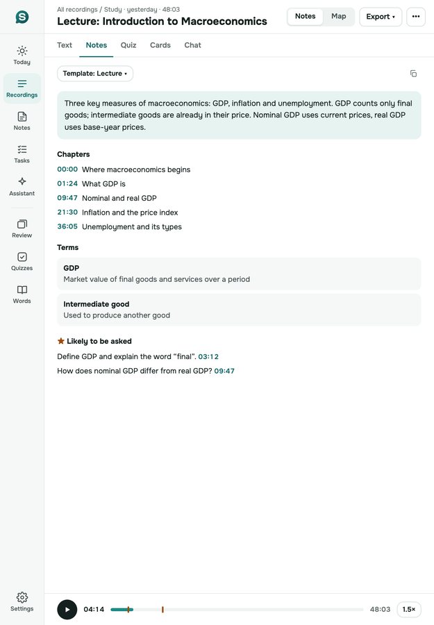 Lecture notes next to the player (iPad)