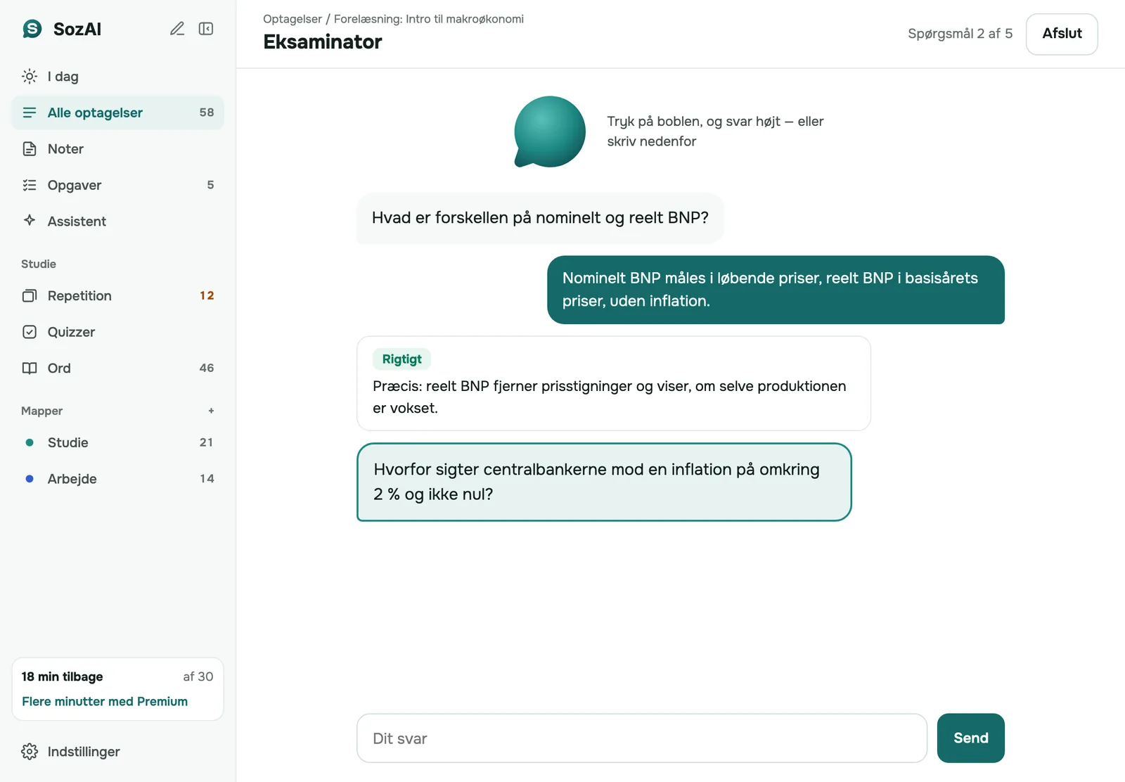 Eksaminator på iPad: et spørgsmål om en forelæsning, den studerendes svar og dommen „Correct“ med en forklaring
