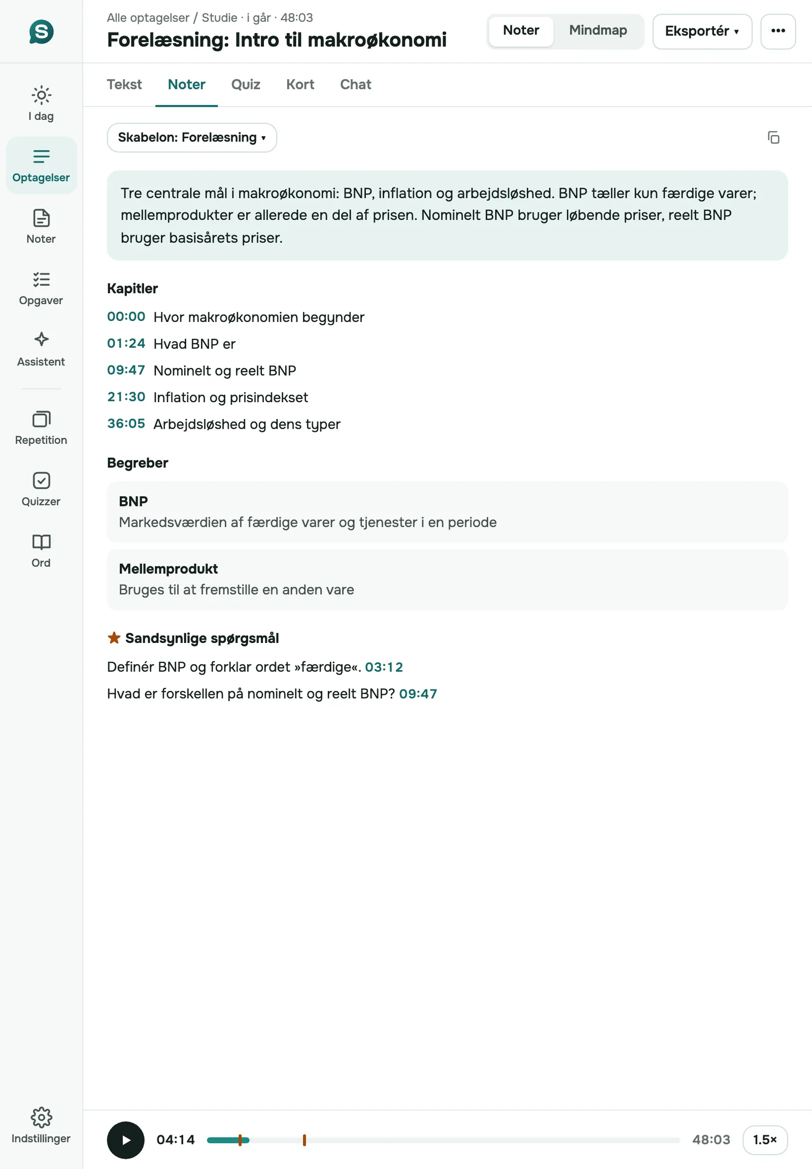 SozAI på iPad i stående format: forelæsningsnoter med kapitler, begreber og lydafspilleren