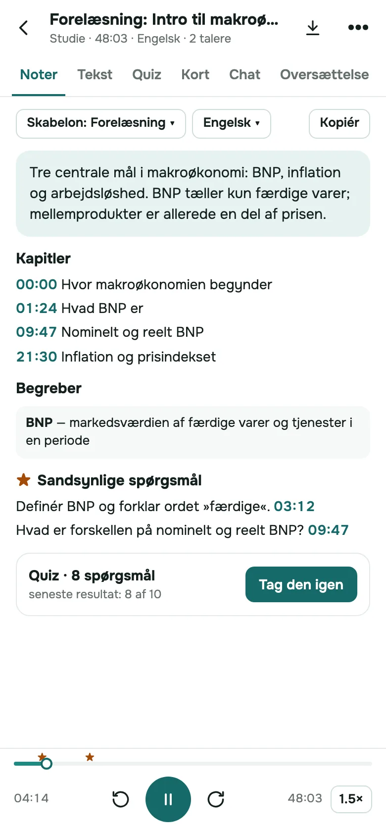 SozAI på iPhone: strukturerede noter lavet ud fra en optaget forelæsning