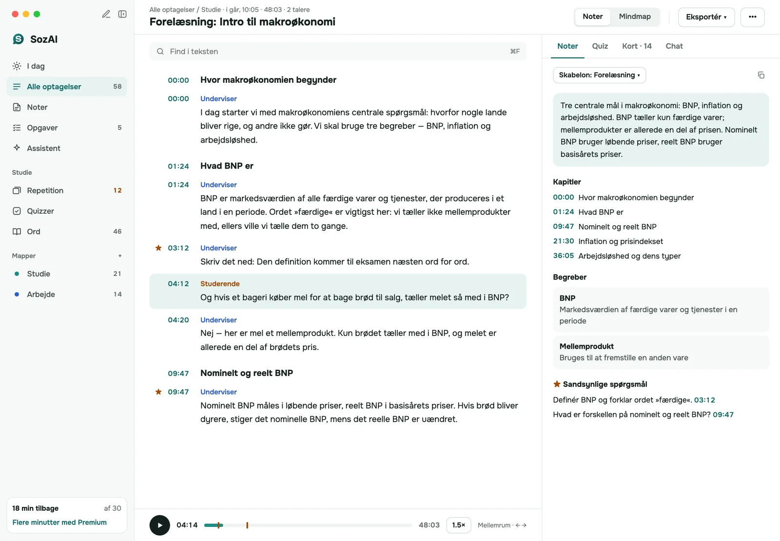 SozAI på Mac: en forelæsningstransskription med talere til venstre og noter til højre