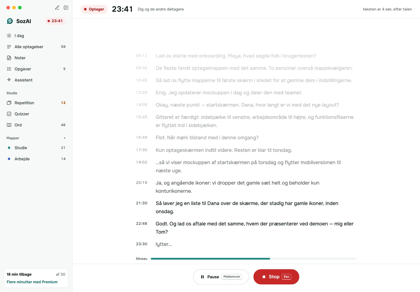SozAI til Mac skriver en mødetransskription live, mens optagetimeren kører