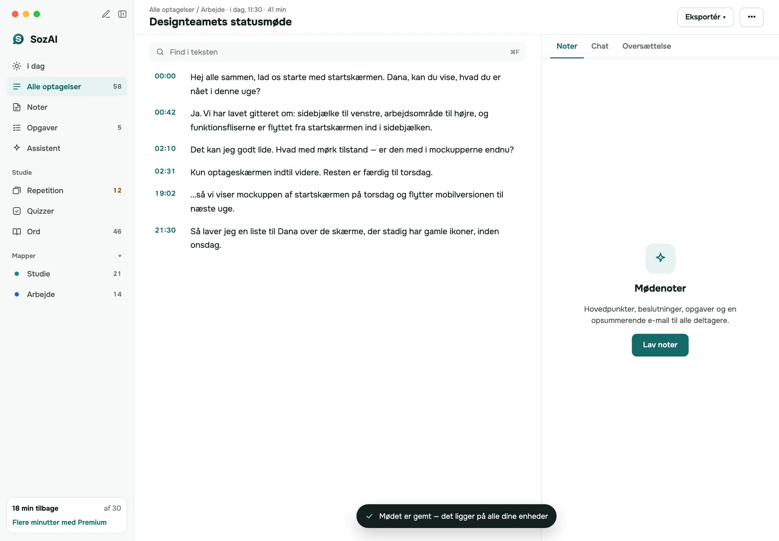 Et gemt møde i SozAI til Mac: den tidsstemplede transskription og beskeden om, at det nu er på alle enheder