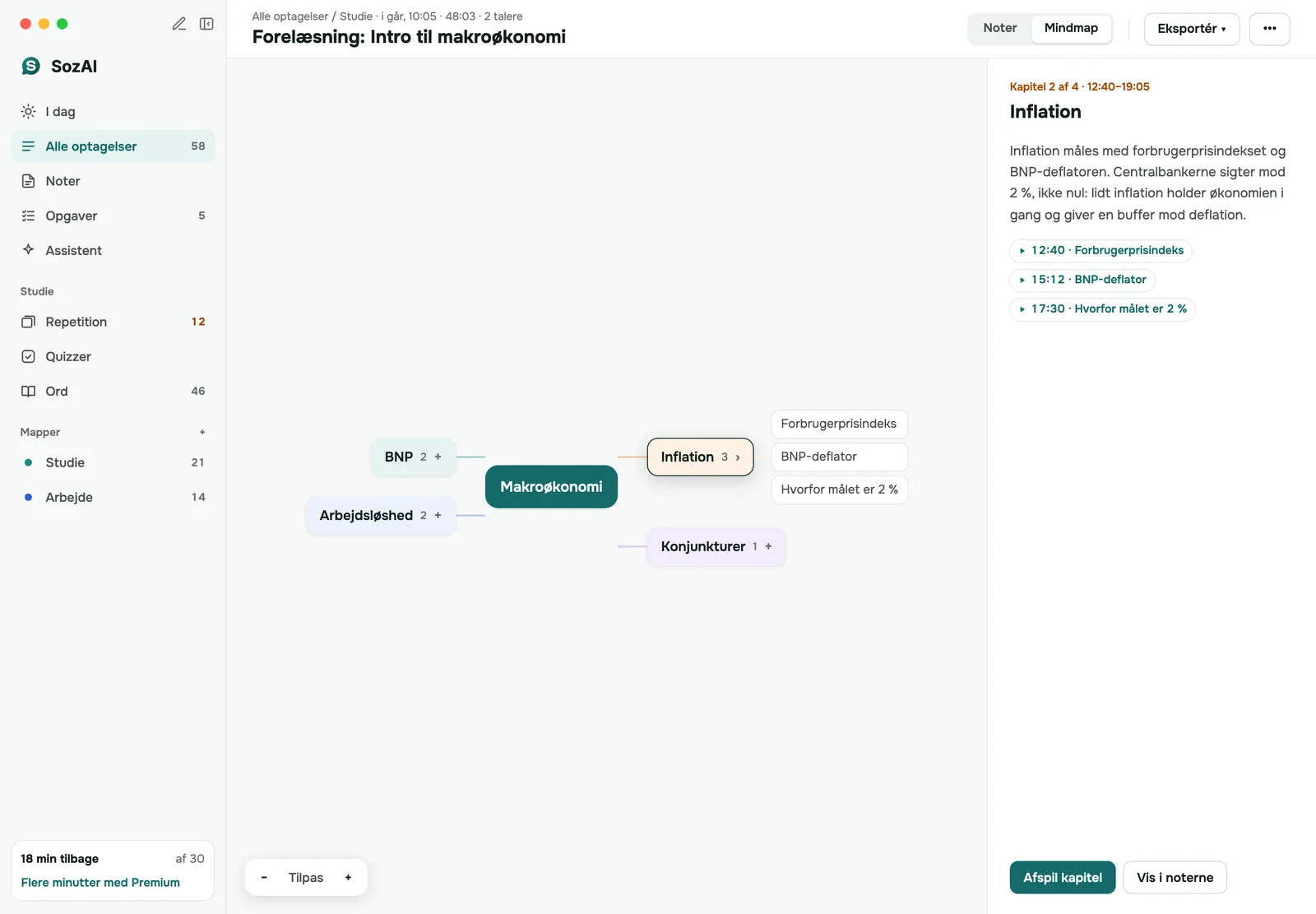 Mindmap over en makroøkonomiforelæsning på Mac, ét kapitel valgt med dets resumé og tidsstempler ved siden af