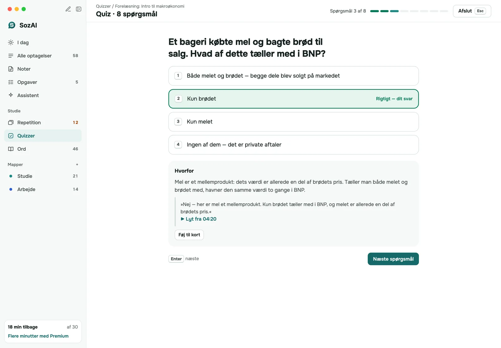 SozAI-quiz på Mac: et spørgsmål om en forelæsning med det valgte svar og dets forklaring