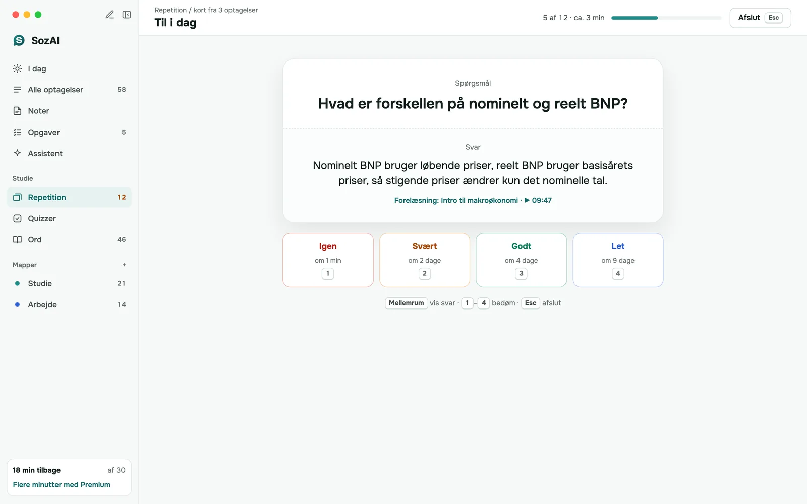 Repetition af flashcards: svaret vist med et link tilbage til øjeblikket i forelæsningen og knapperne Igen, Svært, Godt, Nemt