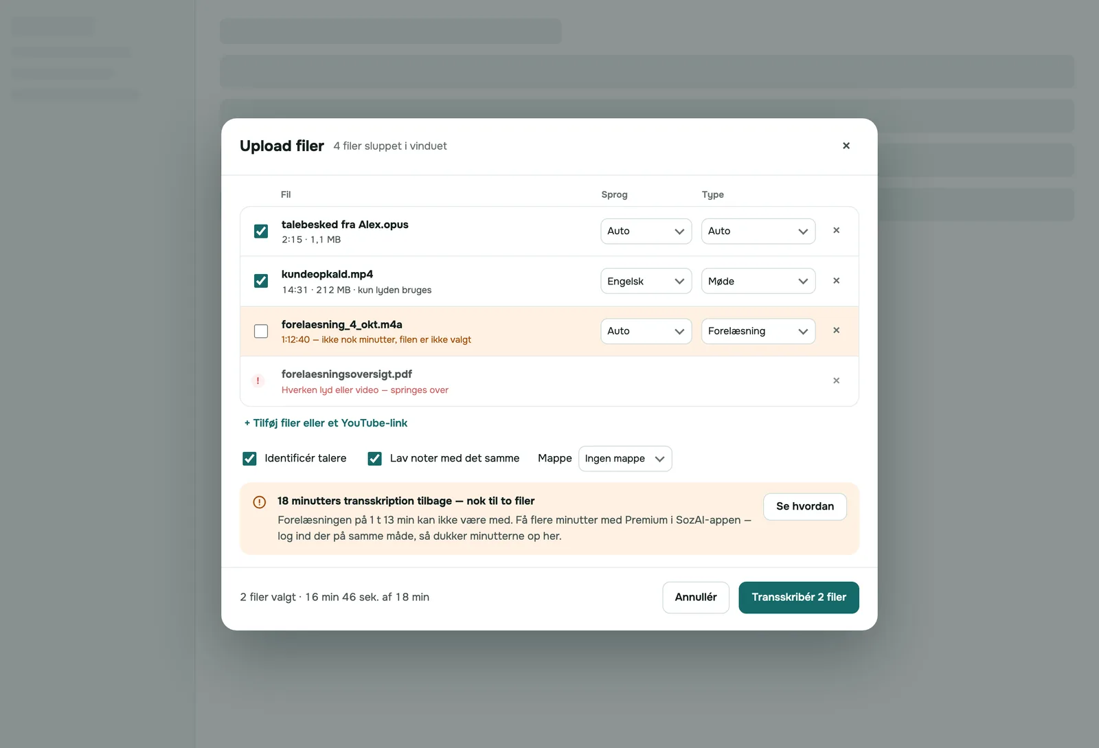 SozAI-webappen: uploaddialogen med fire interviewfiler klar til at blive transskriberet