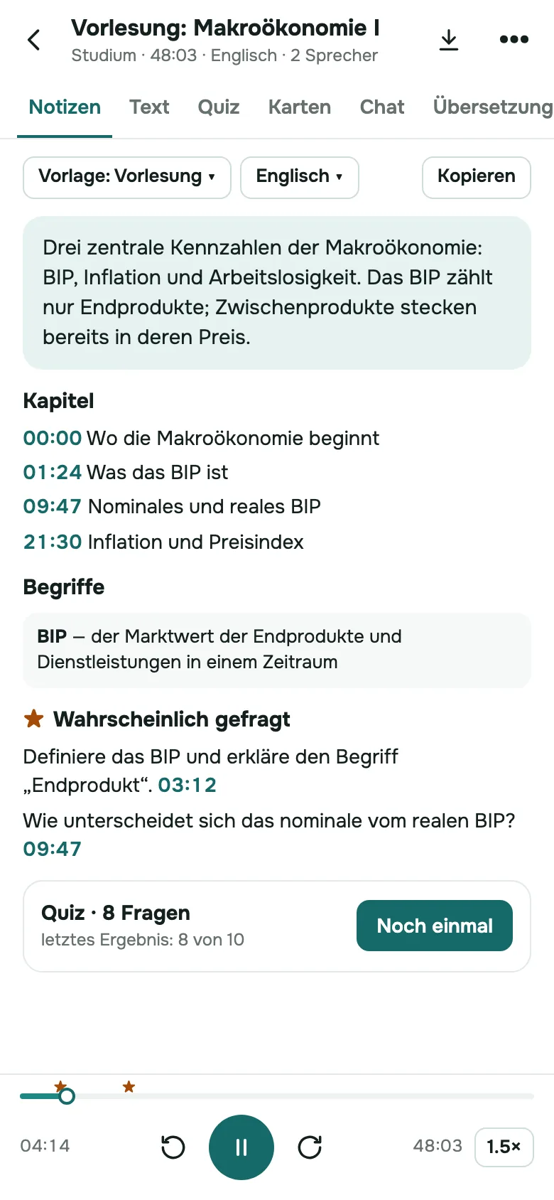 SozAI auf dem iPhone: strukturierte Notizen zu einer aufgezeichneten Vorlesung