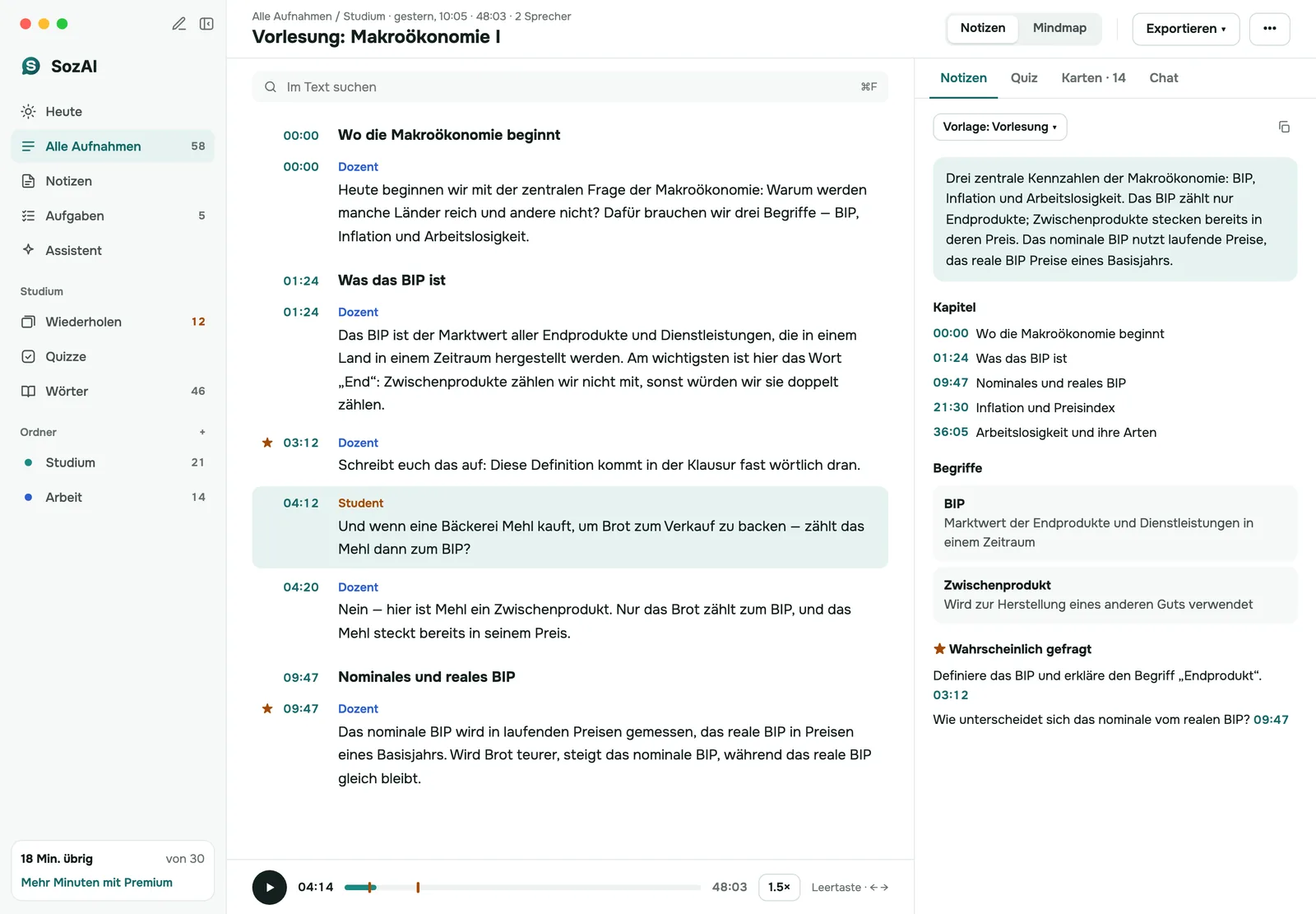 SozAI auf dem Mac: ein Vorlesungstranskript mit Sprechern links und Notizen rechts