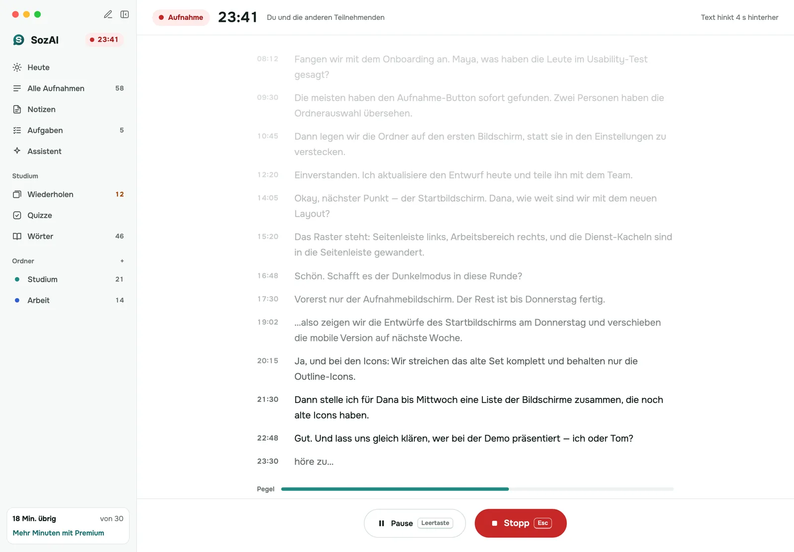 SozAI für den Mac schreibt ein Meeting-Transkript live mit, während der Aufnahmetimer läuft