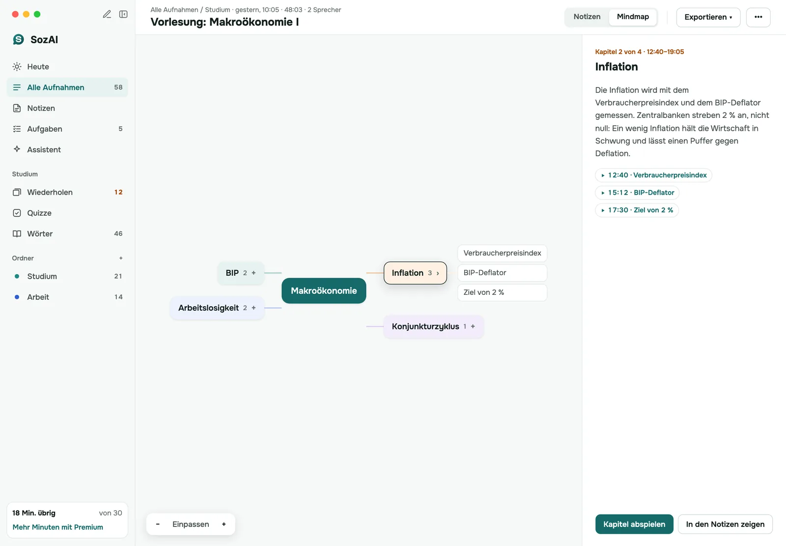 Mindmap einer Makroökonomie-Vorlesung auf dem Mac, ein Kapitel ausgewählt, daneben seine Zusammenfassung und Zeitstempel