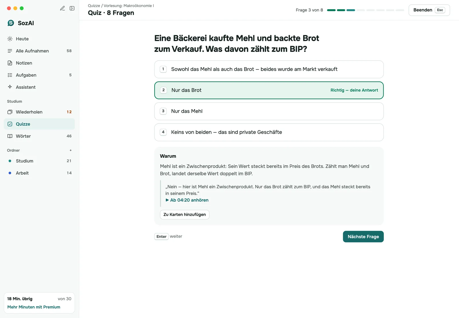 SozAI-Quiz auf dem Mac: eine Frage zu einer Vorlesung mit der gewählten Antwort und ihrer Erklärung