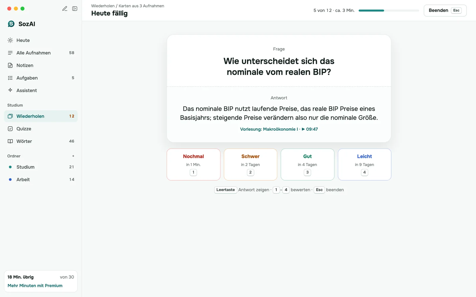Karteikarten-Wiederholung: Die angezeigte Antwort mit einem Link zum Moment der Vorlesung und den Schaltflächen Nochmal, Schwer, Gut, Leicht