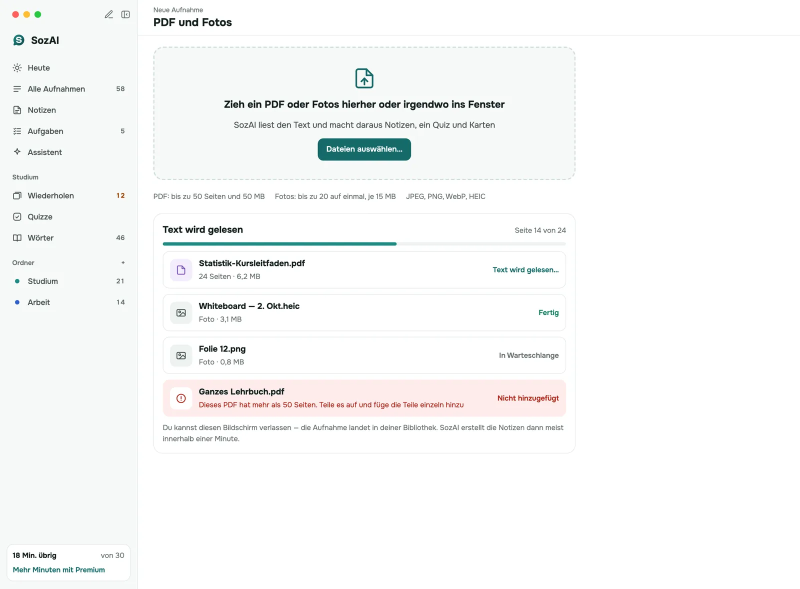 Mac-App beim Hinzufügen eines PDF und von Fotos: Ablagefläche, Dateigrenzen und Fortschritt für jede Datei, die gelesen wird