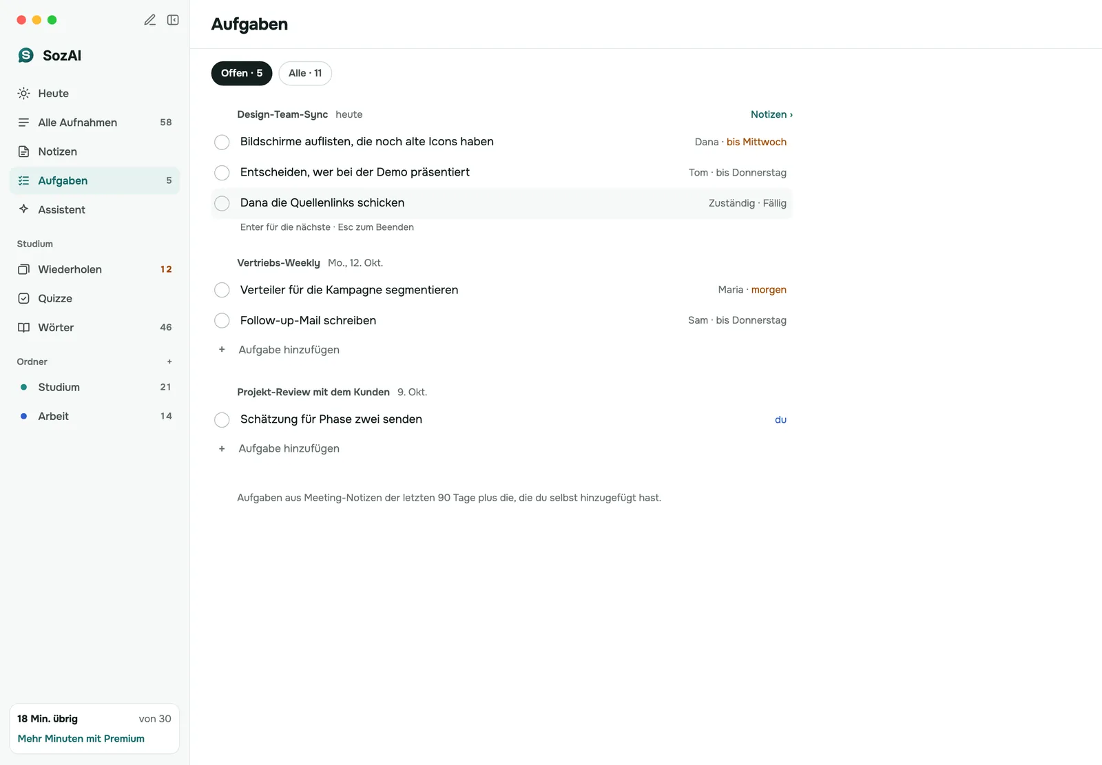 Aufgaben aus Meetings in SozAI für den Mac, nach Meeting gruppiert, jeweils mit Verantwortlichem und Fälligkeitsdatum