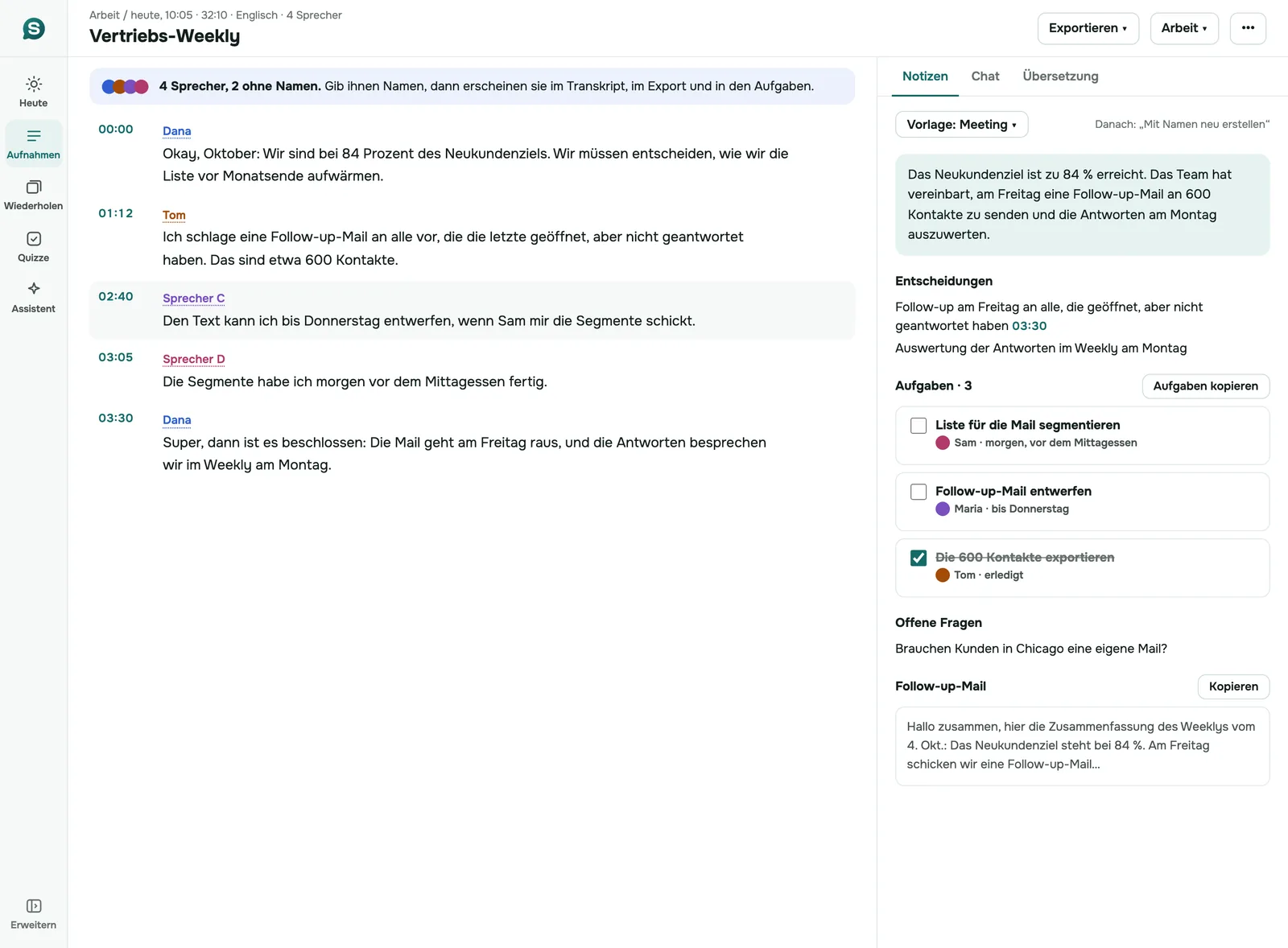 SozAI-Web-App: ein Meeting-Transkript neben seinen Notizen, mit Beschlüssen und Aufgaben mit Zuständigen