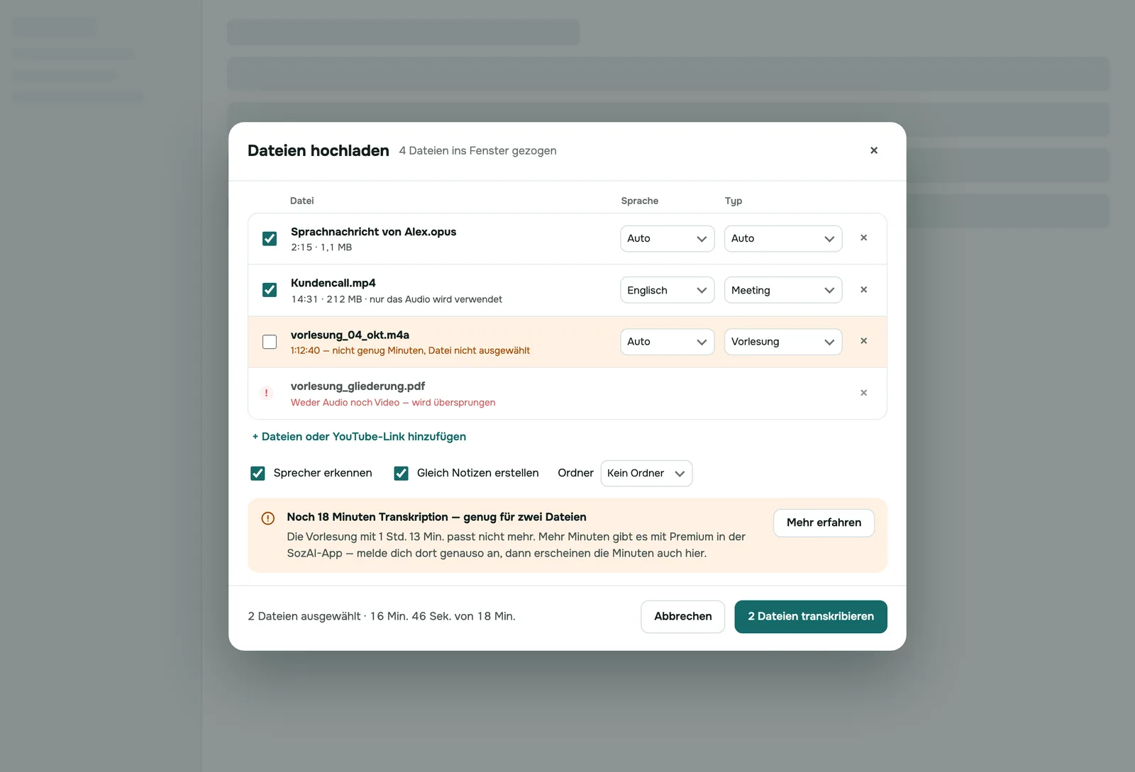 SozAI-Web-App: der Upload-Dialog mit vier Interviewdateien, die zur Transkription bereitstehen