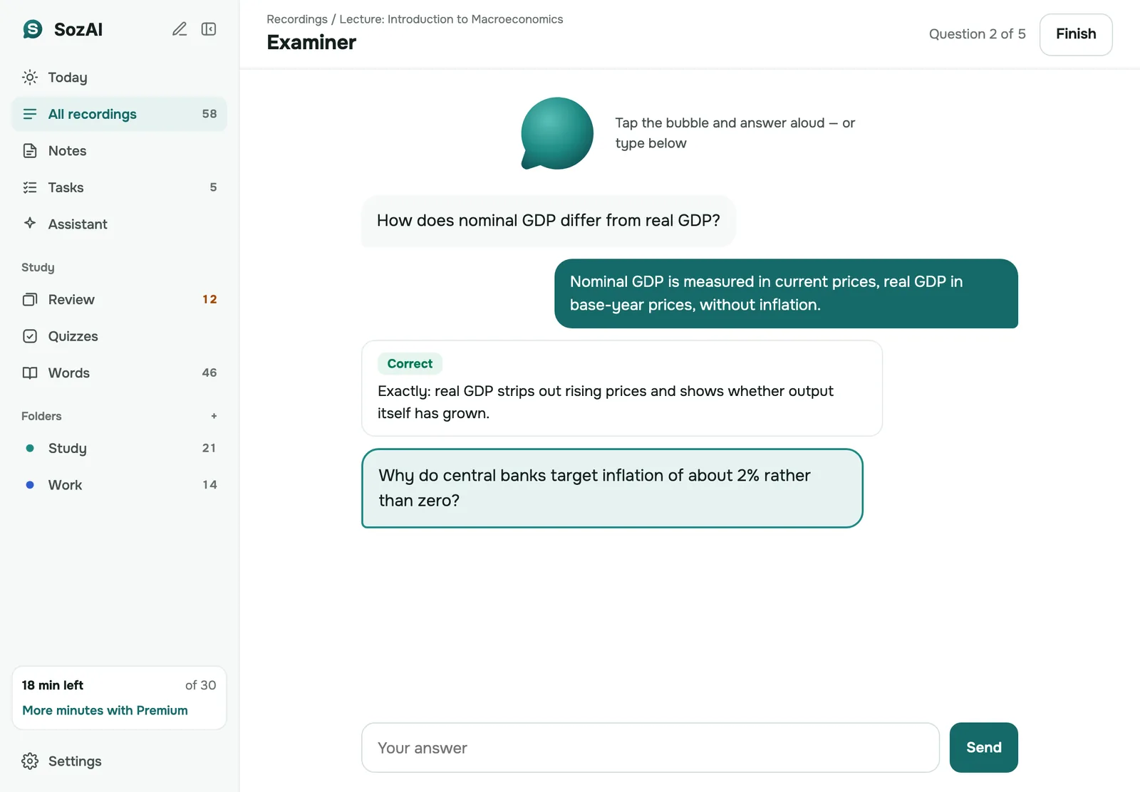 Examiner on iPad: a question about a lecture, the student's answer and a Correct verdict with an explanation