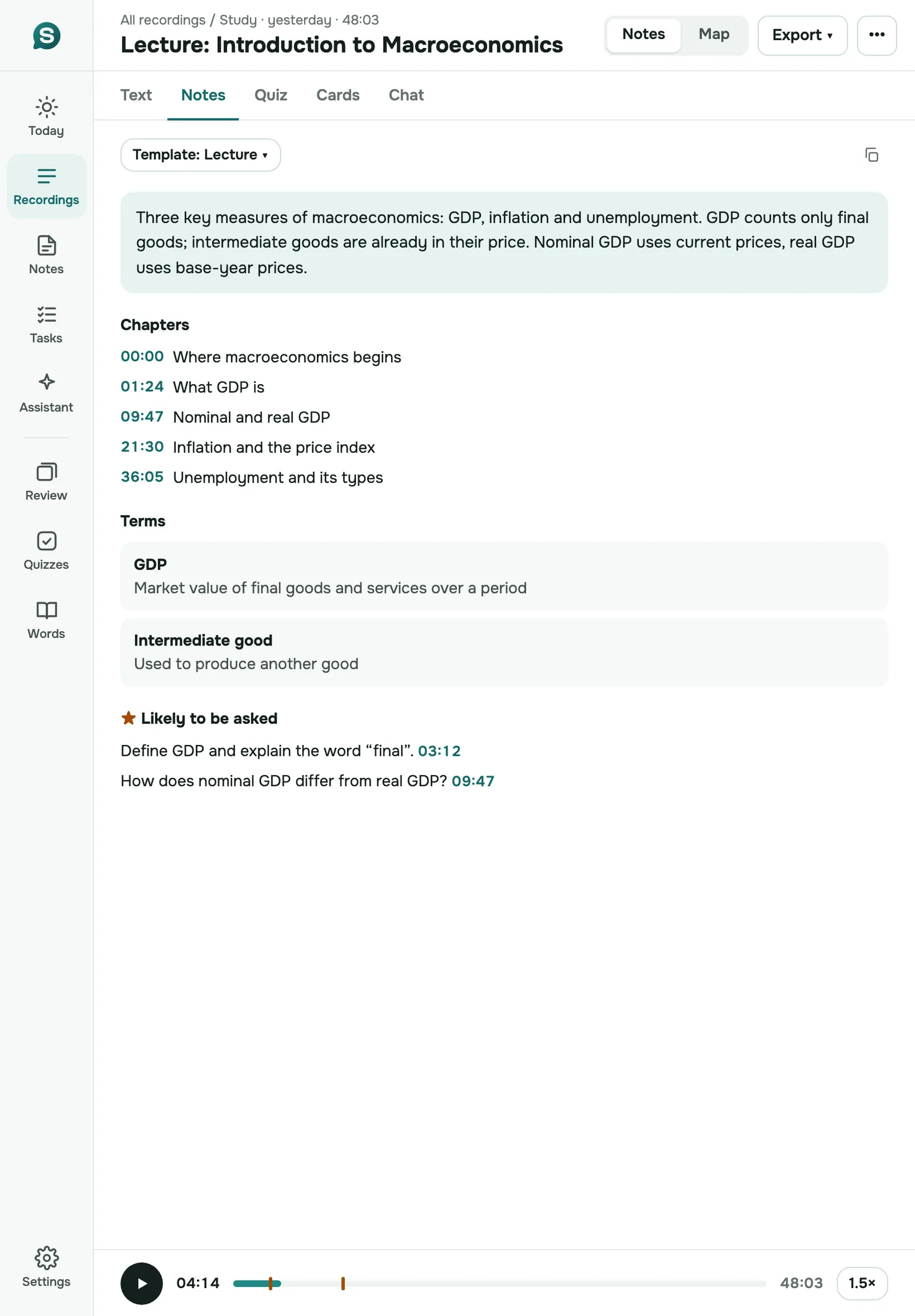 SozAI บน iPad แนวตั้ง: โน้ตการบรรยายพร้อมบท คำศัพท์ และเครื่องเล่นเสียง