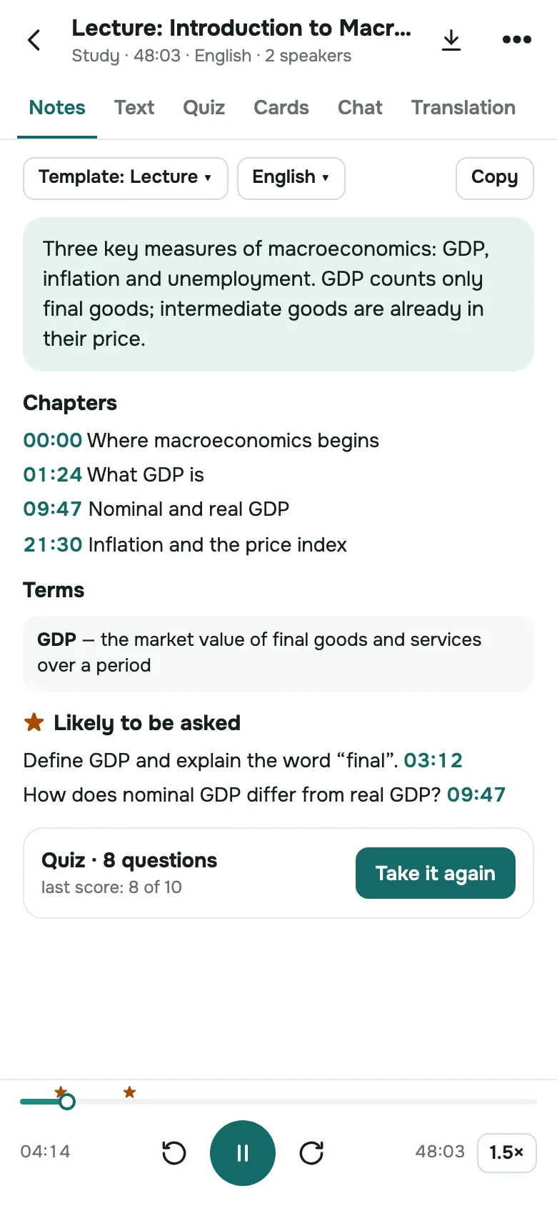 SozAI on iPhone: notes made from a recorded lecture