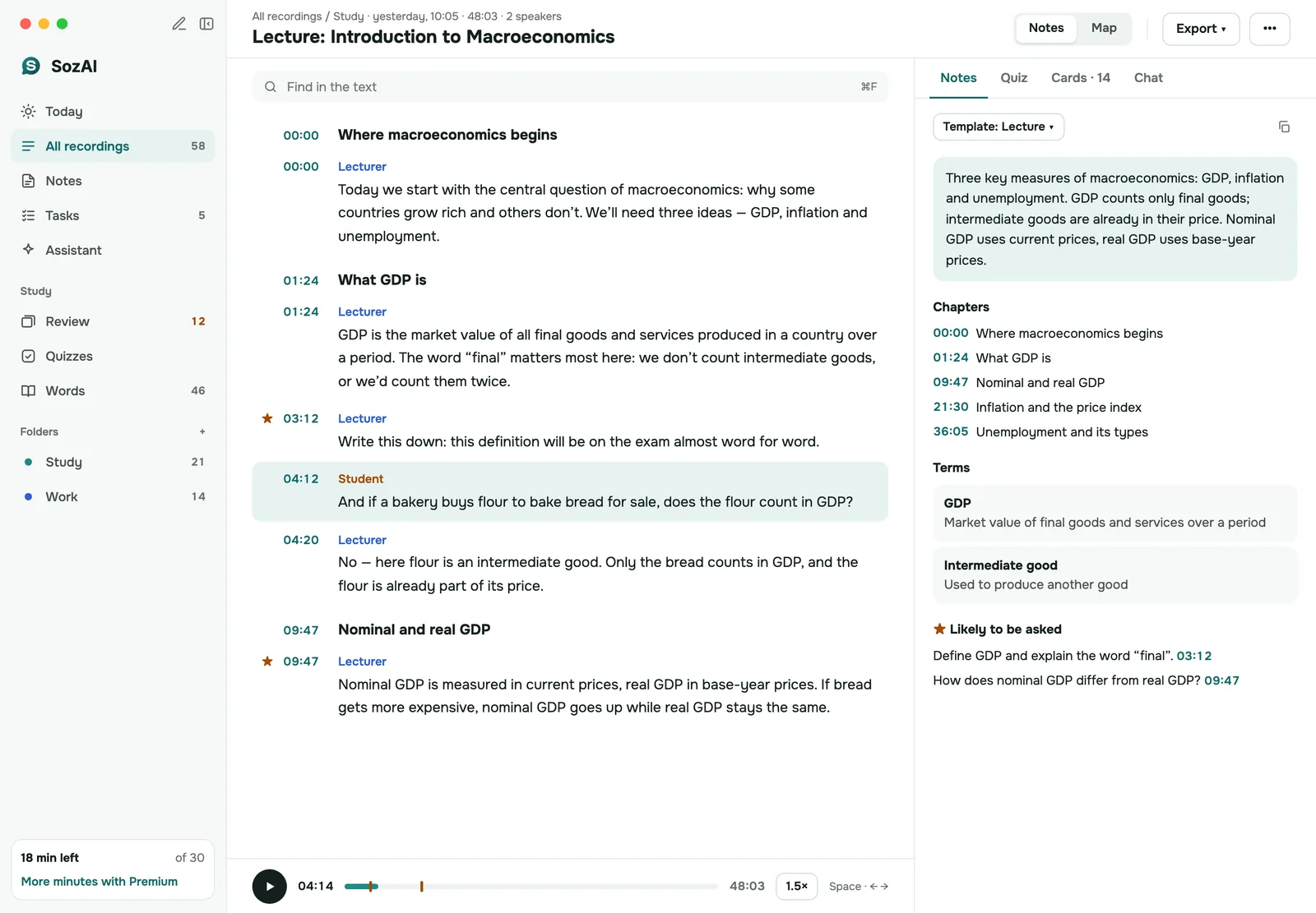 SozAI on Mac: a lecture transcript with speakers on the left and notes on the right