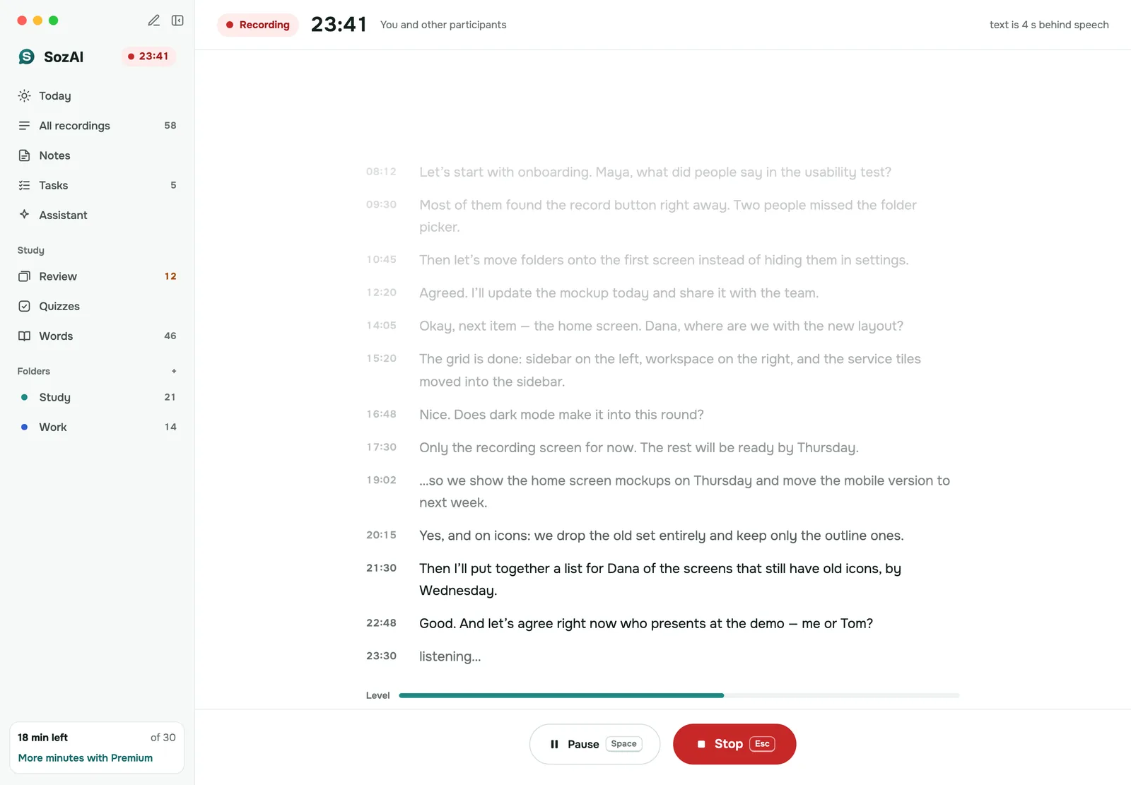 SozAI for Mac writing a meeting transcript live while the recording timer runs