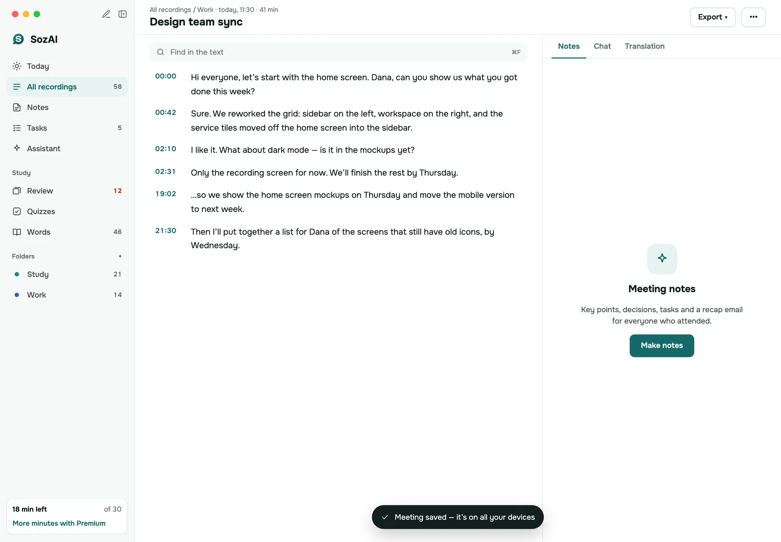 A saved meeting in SozAI for Mac: the timestamped transcript and the note that it is now on all devices