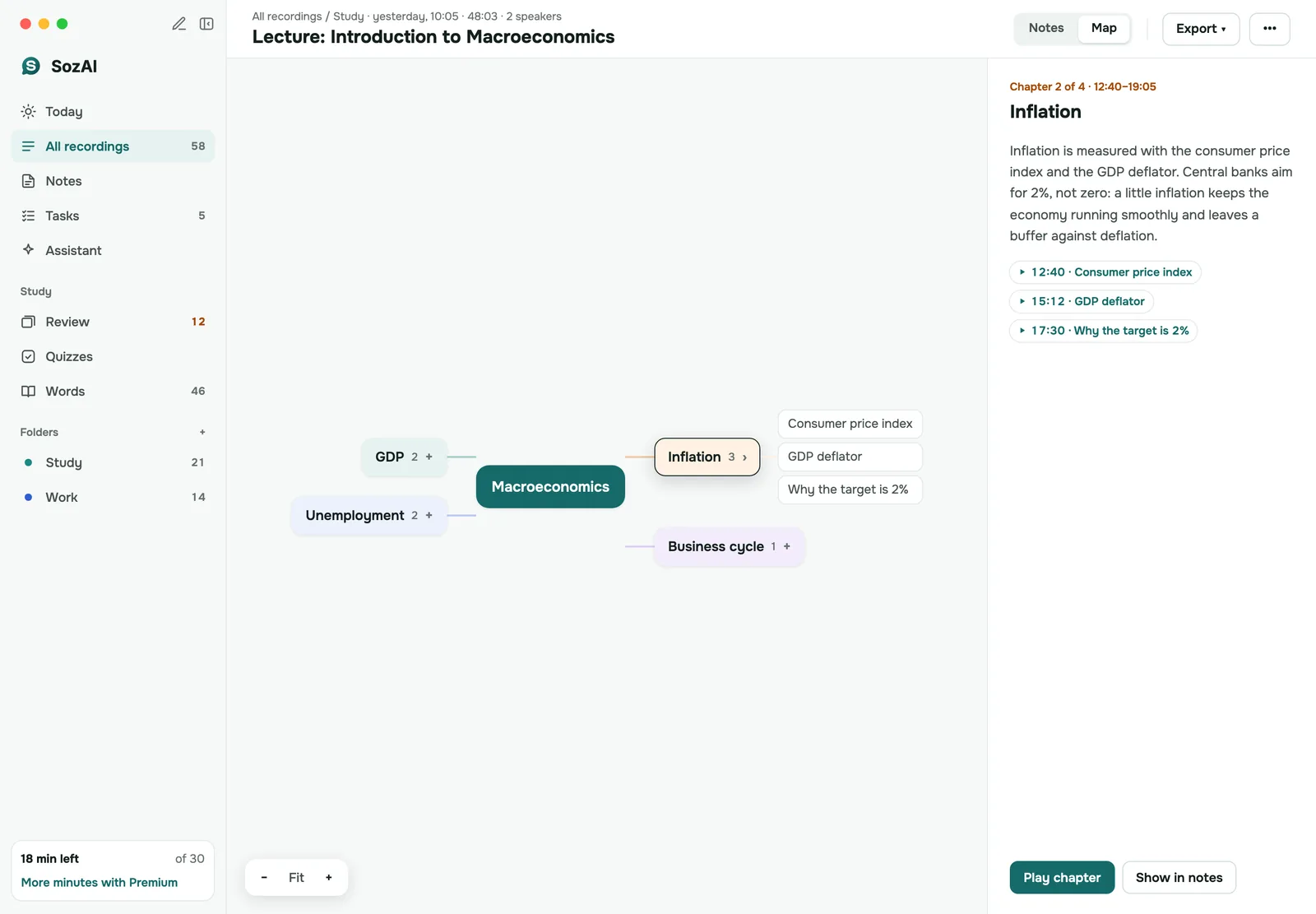 Mind map of a macroeconomics lecture on Mac, one chapter selected with its summary and timestamps beside it