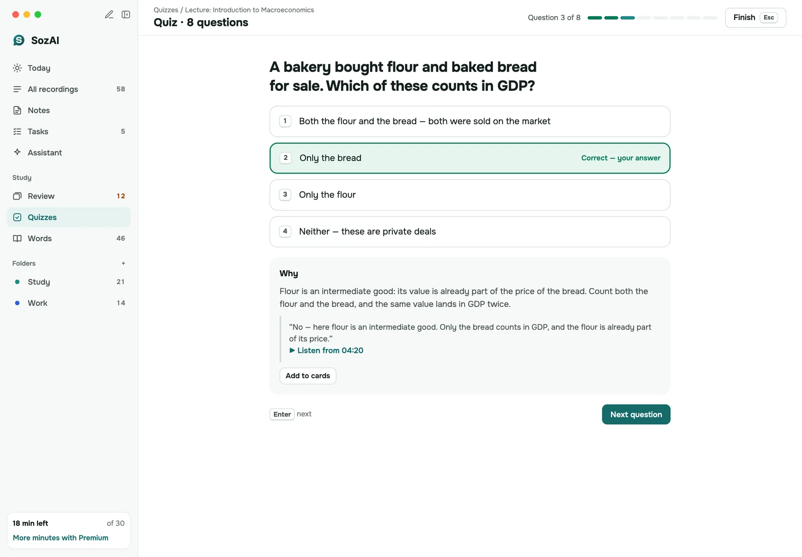 SozAI quiz on Mac: a question about a lecture with the chosen answer and its explanation