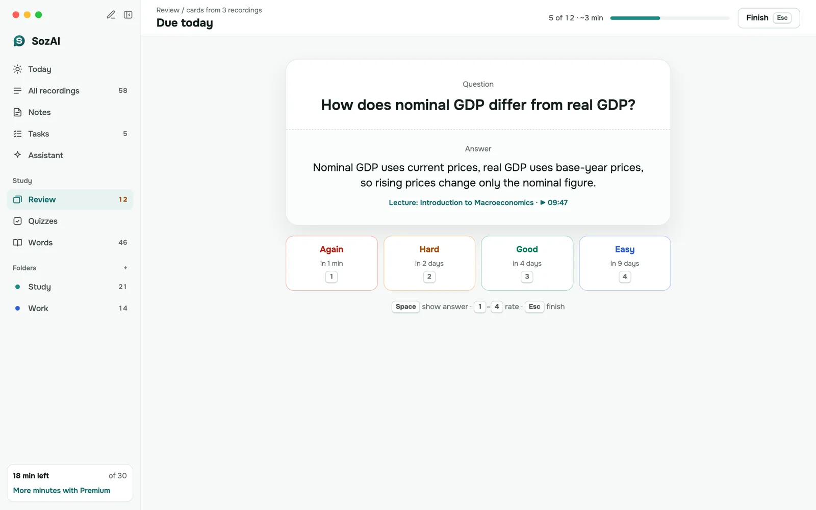 SozAI on Mac: a flashcard with the answer shown and the Again, Hard, Good and Easy buttons