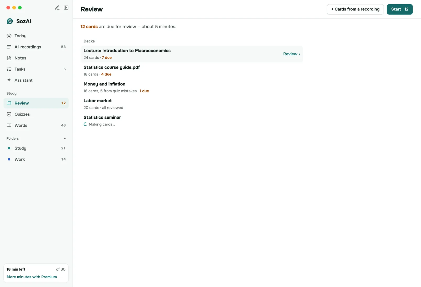 Review screen on Mac: cards due today and one deck for each recorded lecture