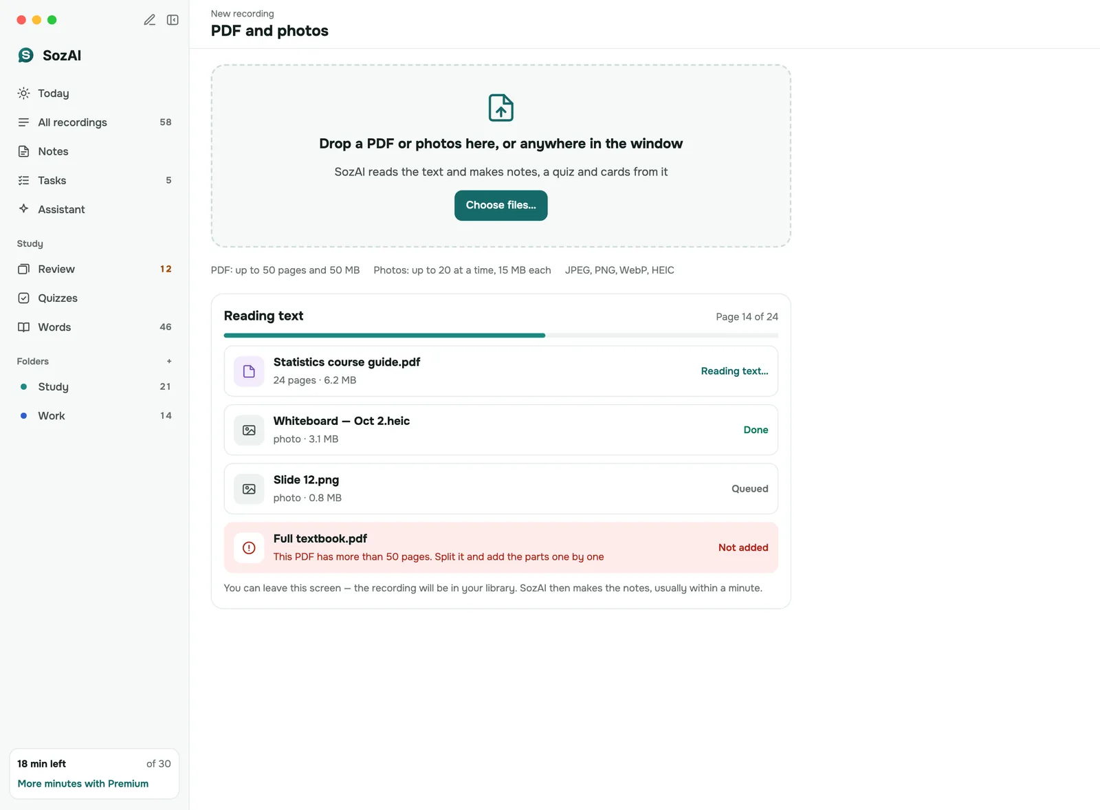 Mac app adding a PDF and photos: drop zone, file limits and progress for each file being read