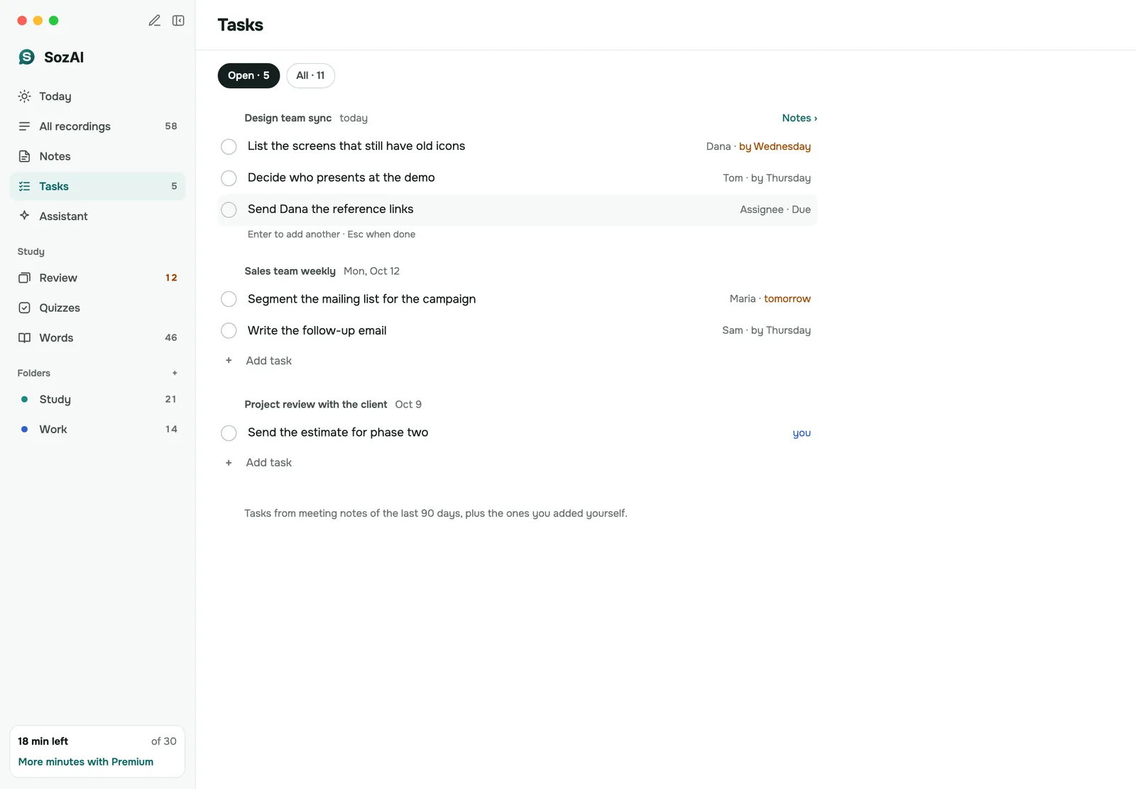 Tasks taken from meetings in SozAI for Mac, grouped by meeting, each with an owner and a due date
