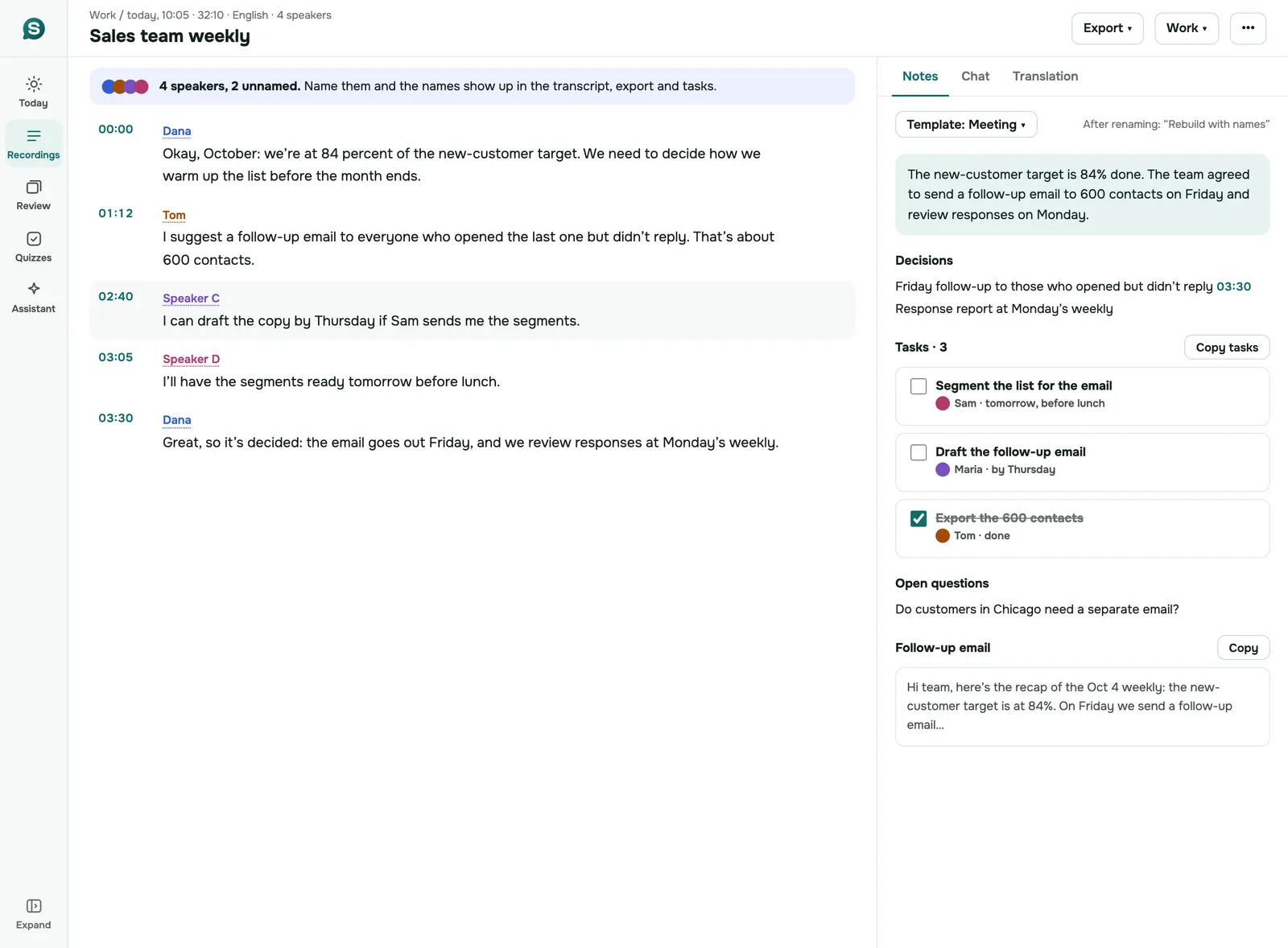 SozAI web app: a meeting transcript next to its notes, with decisions and tasks with owners