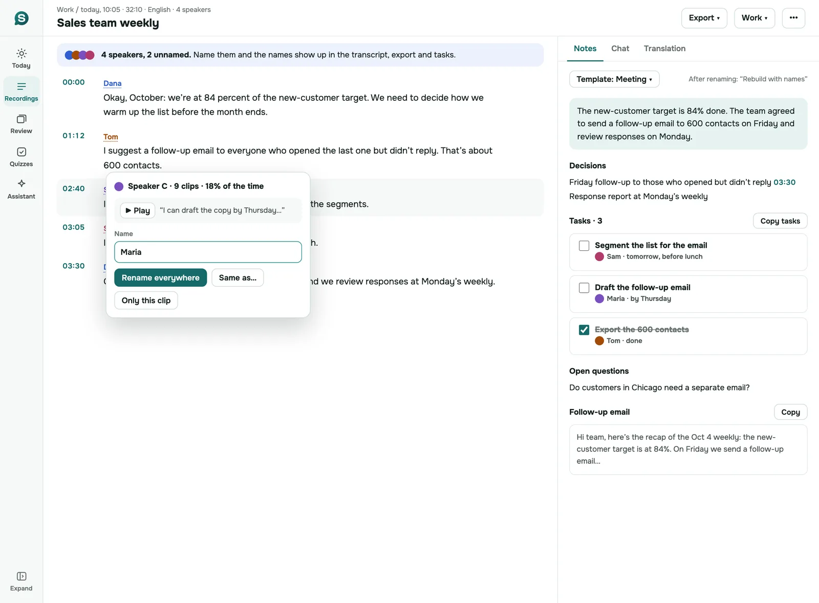 SozAI web app: a meeting transcript where a speaker is being renamed, with the meeting notes panel