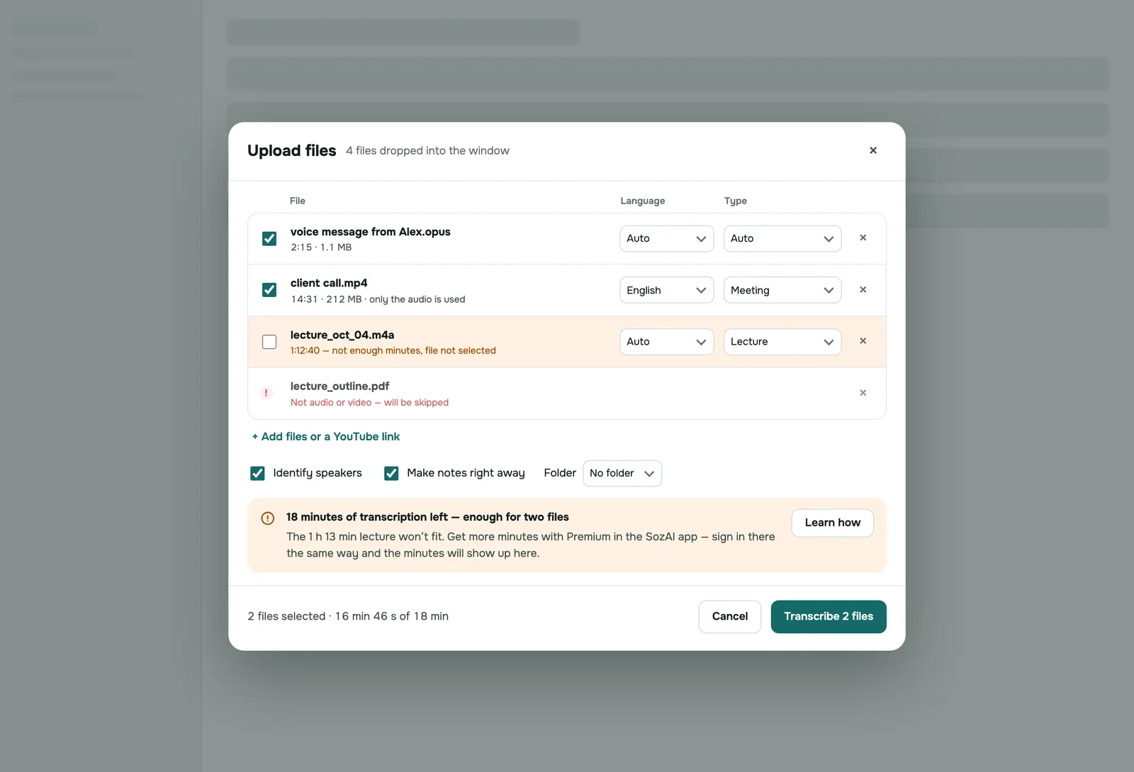 SozAI web app: the upload dialog with four interview files ready to be transcribed