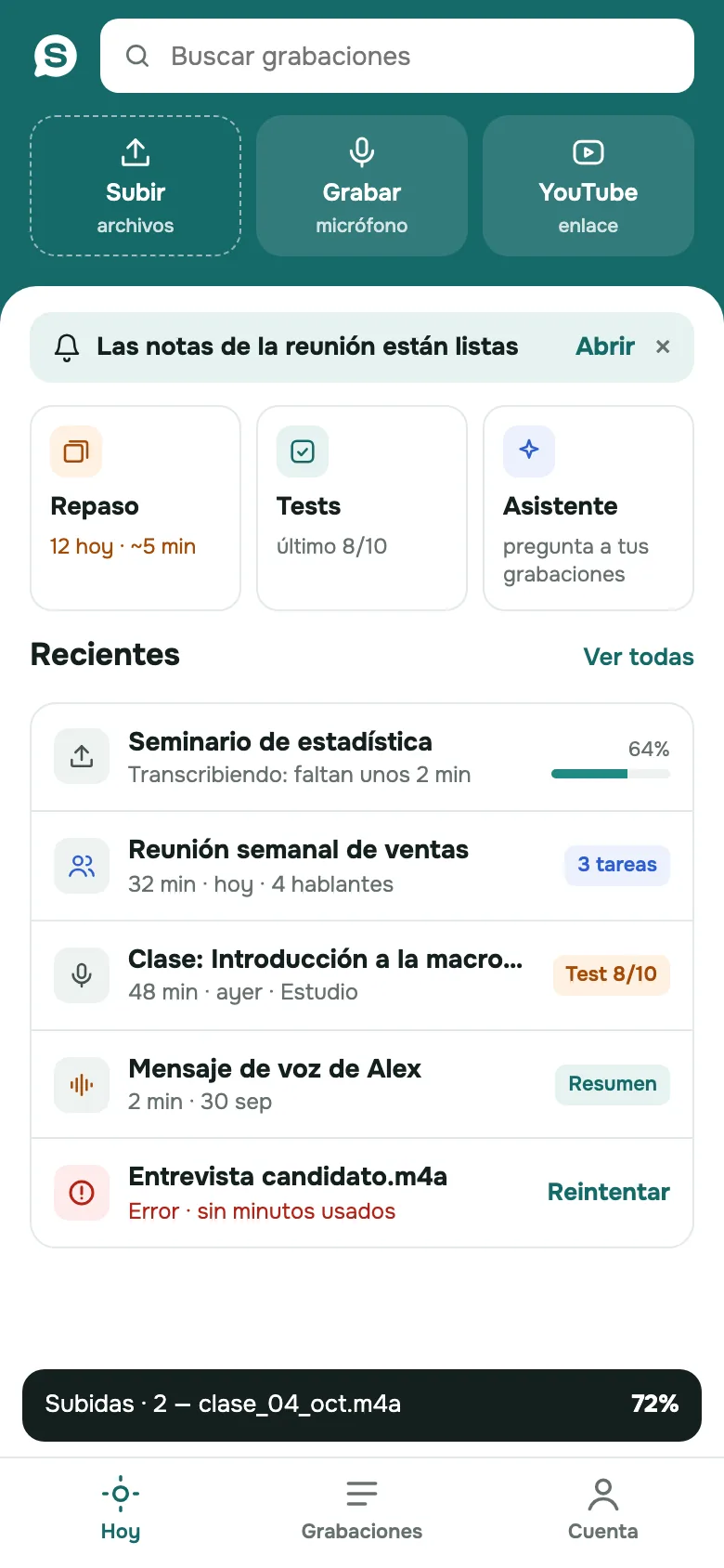 Pantalla de inicio de la app SozAI con Subir, Grabar y Enlace de YouTube, y las grabaciones recientes