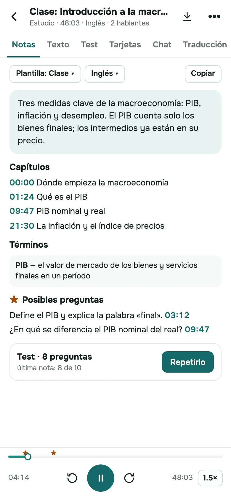 SozAI en iPhone: apuntes estructurados hechos a partir de una clase grabada
