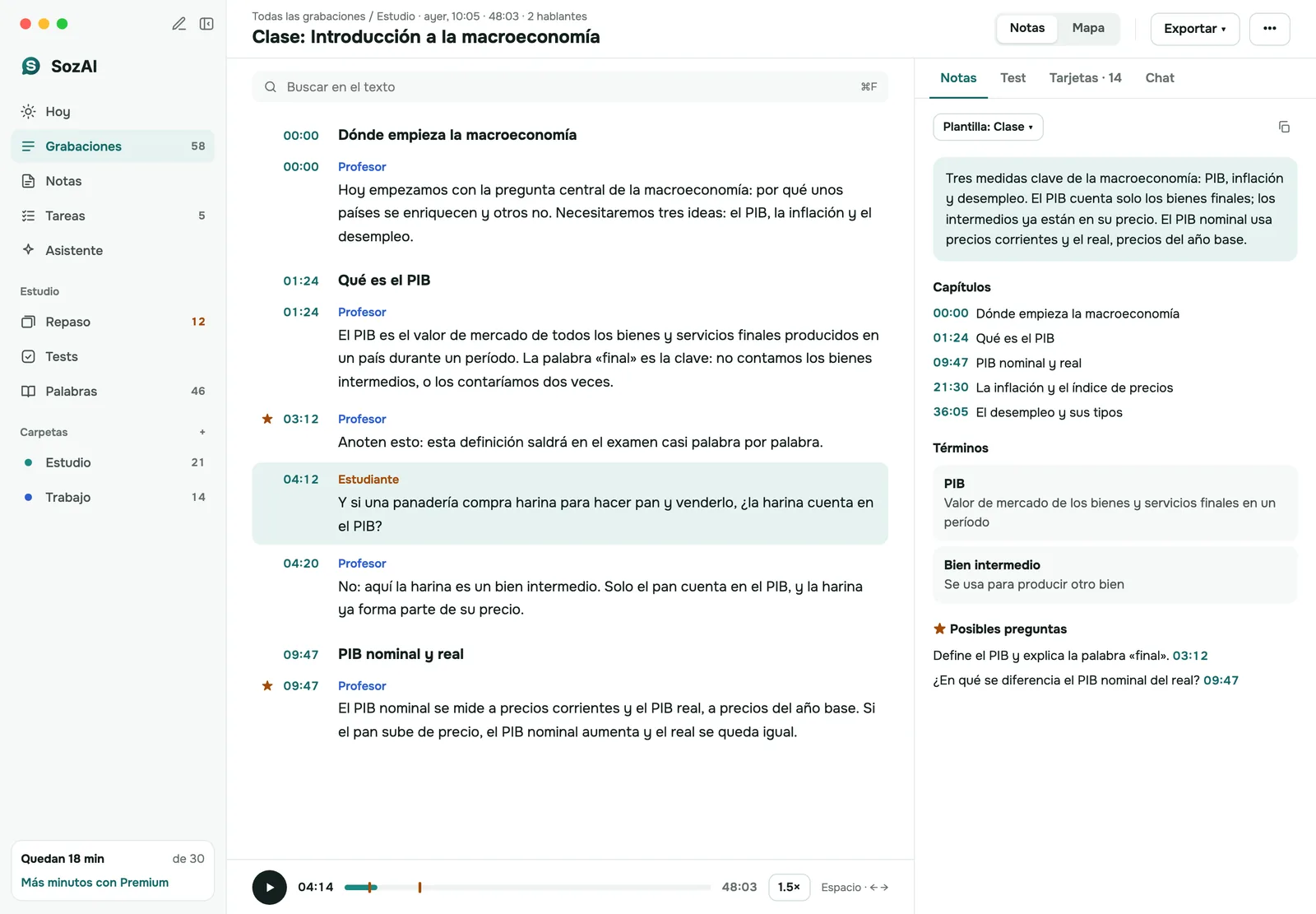 SozAI en Mac: la transcripción de una clase con los interlocutores a la izquierda y los apuntes a la derecha