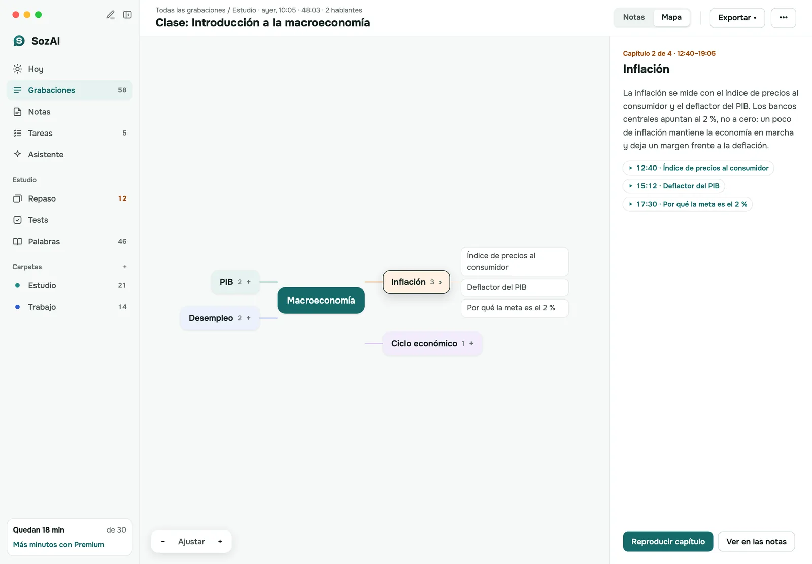 Mapa mental de una clase de macroeconomía en Mac, con un capítulo seleccionado y su resumen y sus marcas de tiempo al lado