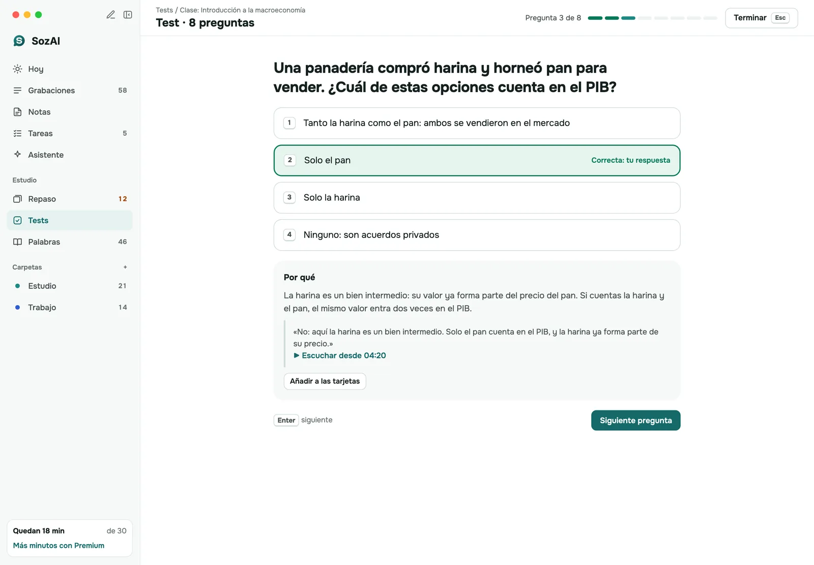 Cuestionario de SozAI en Mac: una pregunta sobre una clase con la respuesta elegida y su explicación