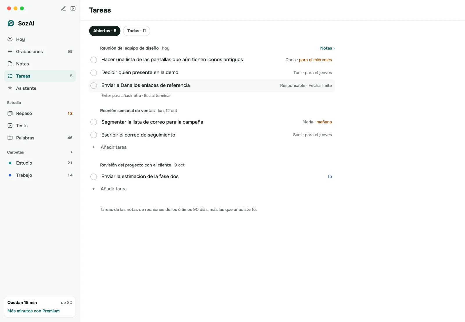 Tareas extraídas de reuniones en SozAI para Mac, agrupadas por reunión, cada una con un responsable y una fecha límite