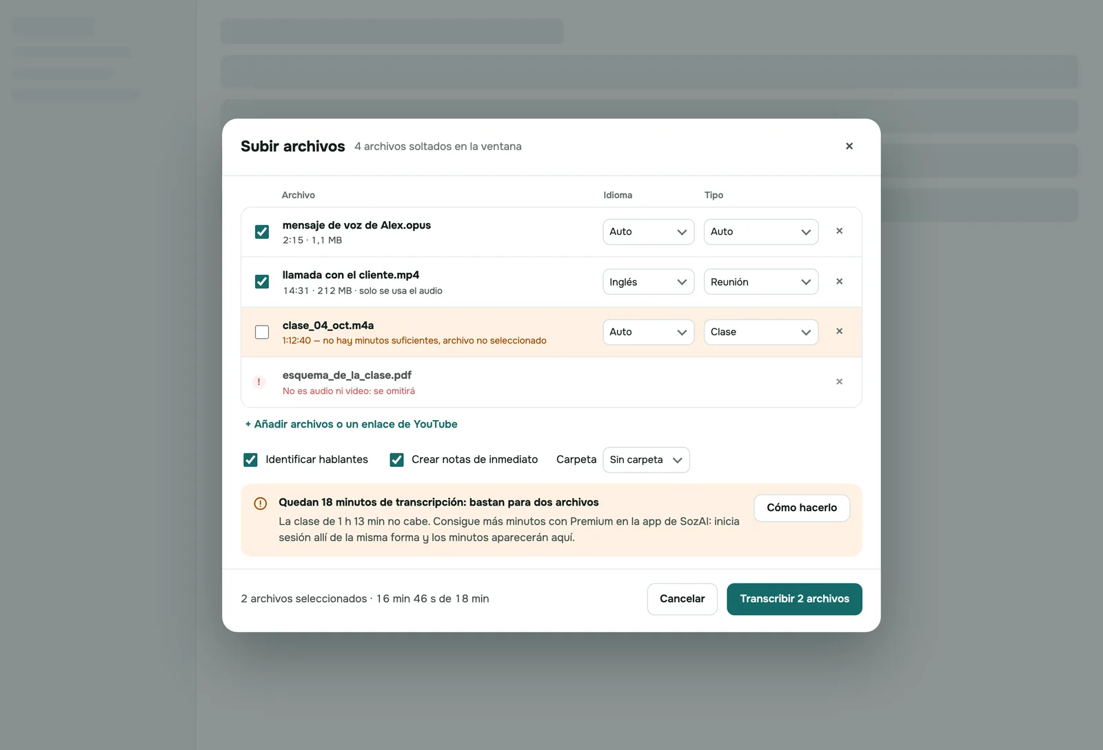 App web de SozAI: el cuadro de subida con cuatro archivos de entrevistas listos para transcribir