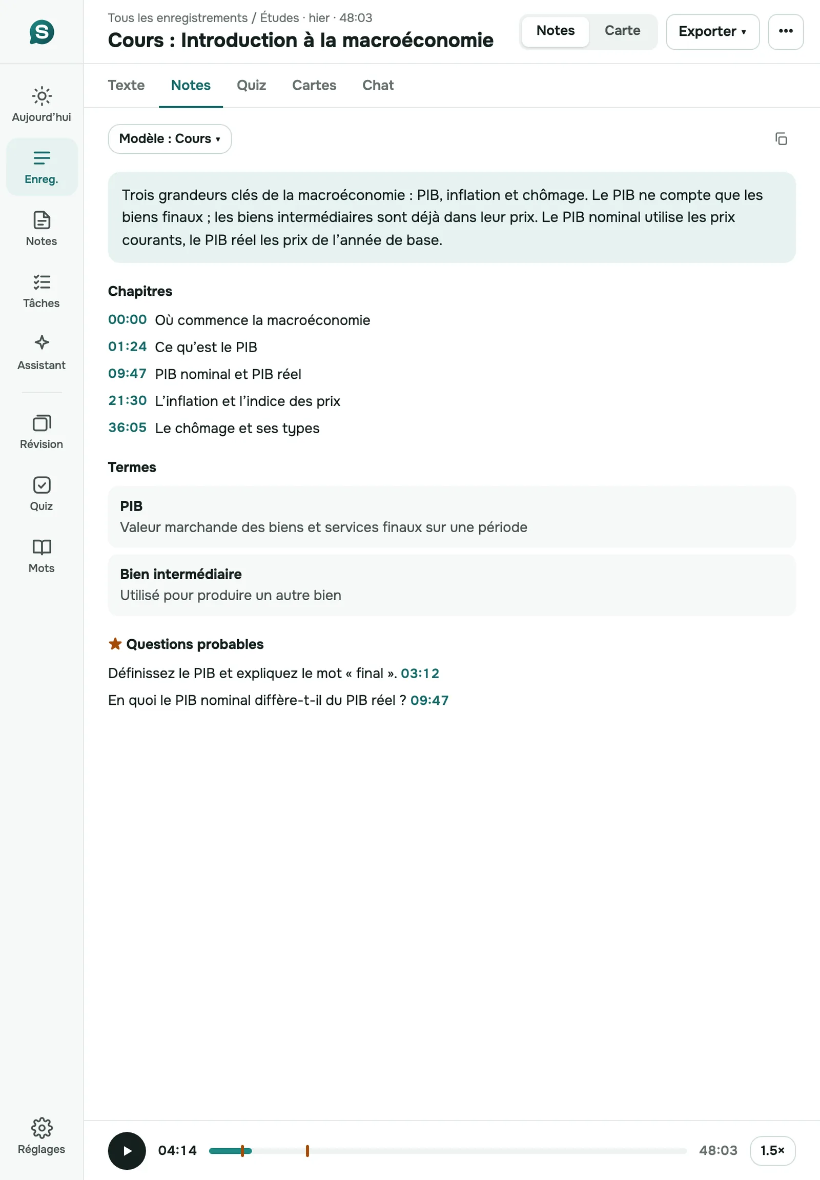 SozAI sur iPad en portrait : notes de cours avec chapitres, termes et lecteur audio