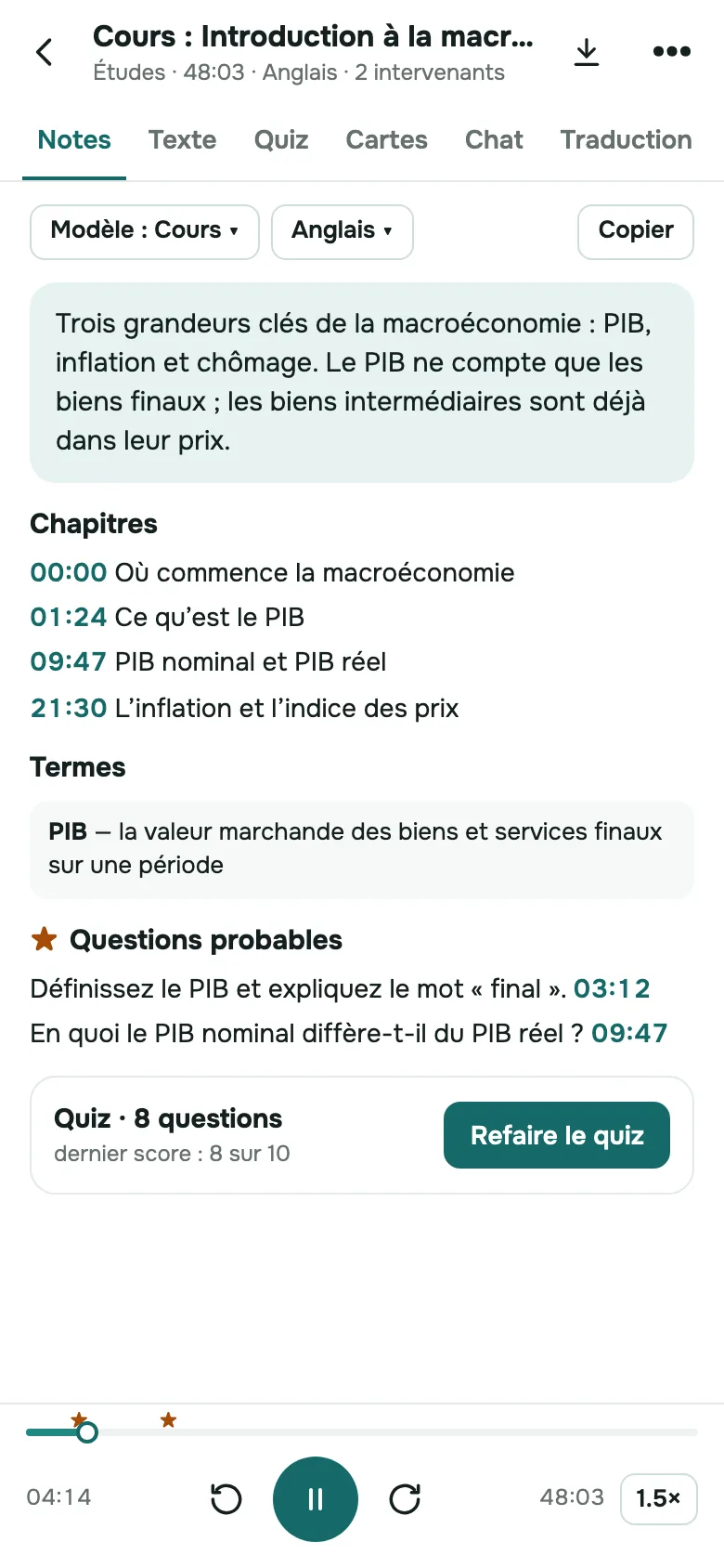 SozAI sur iPhone : des notes structurées tirées d'un cours enregistré