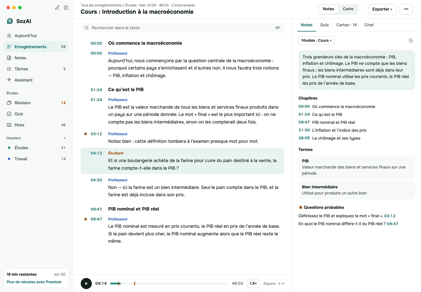 SozAI sur Mac : la transcription d'un cours avec les intervenants à gauche et les notes à droite