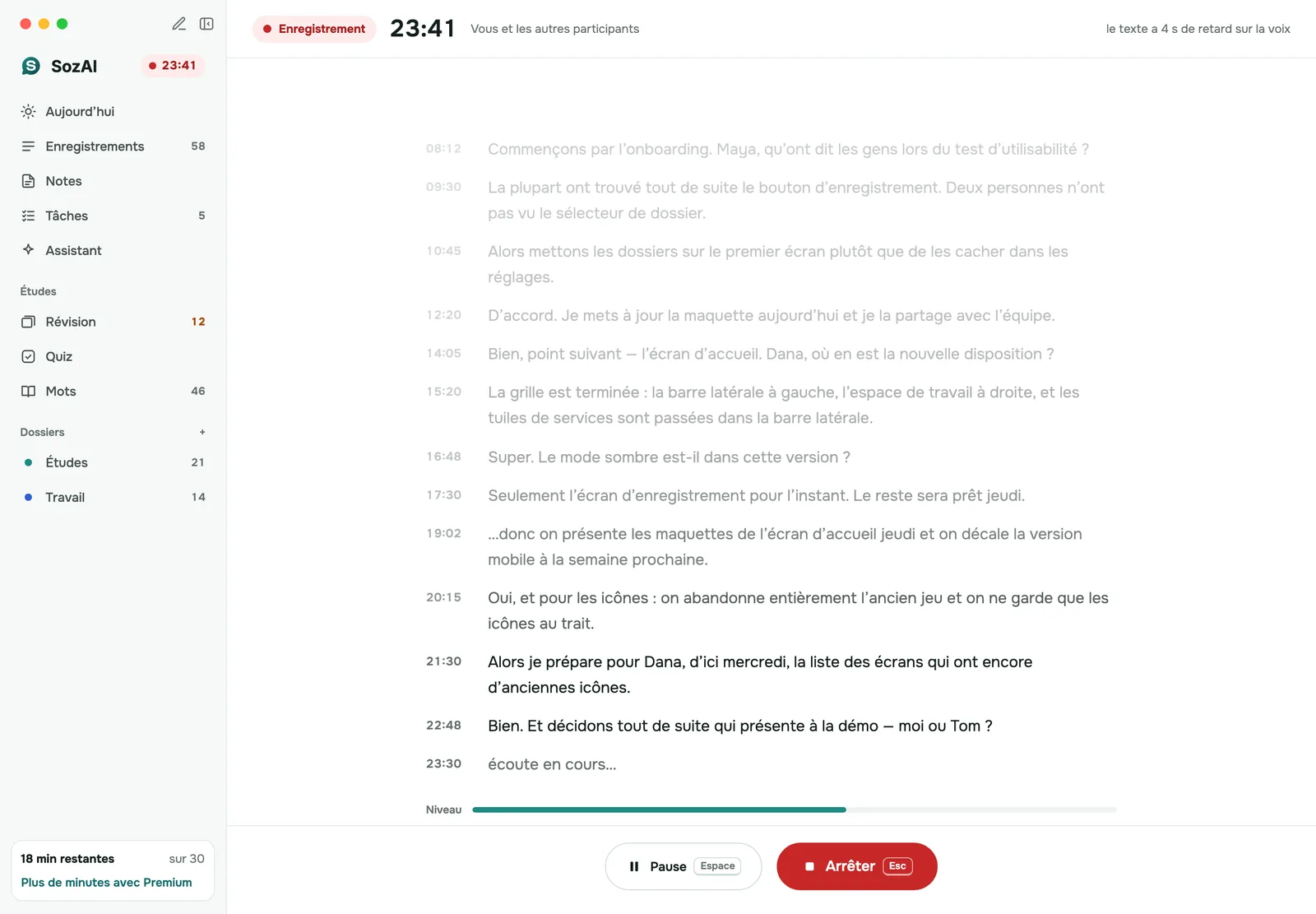 SozAI pour Mac écrivant la transcription d'une réunion en direct pendant que le minuteur d'enregistrement tourne