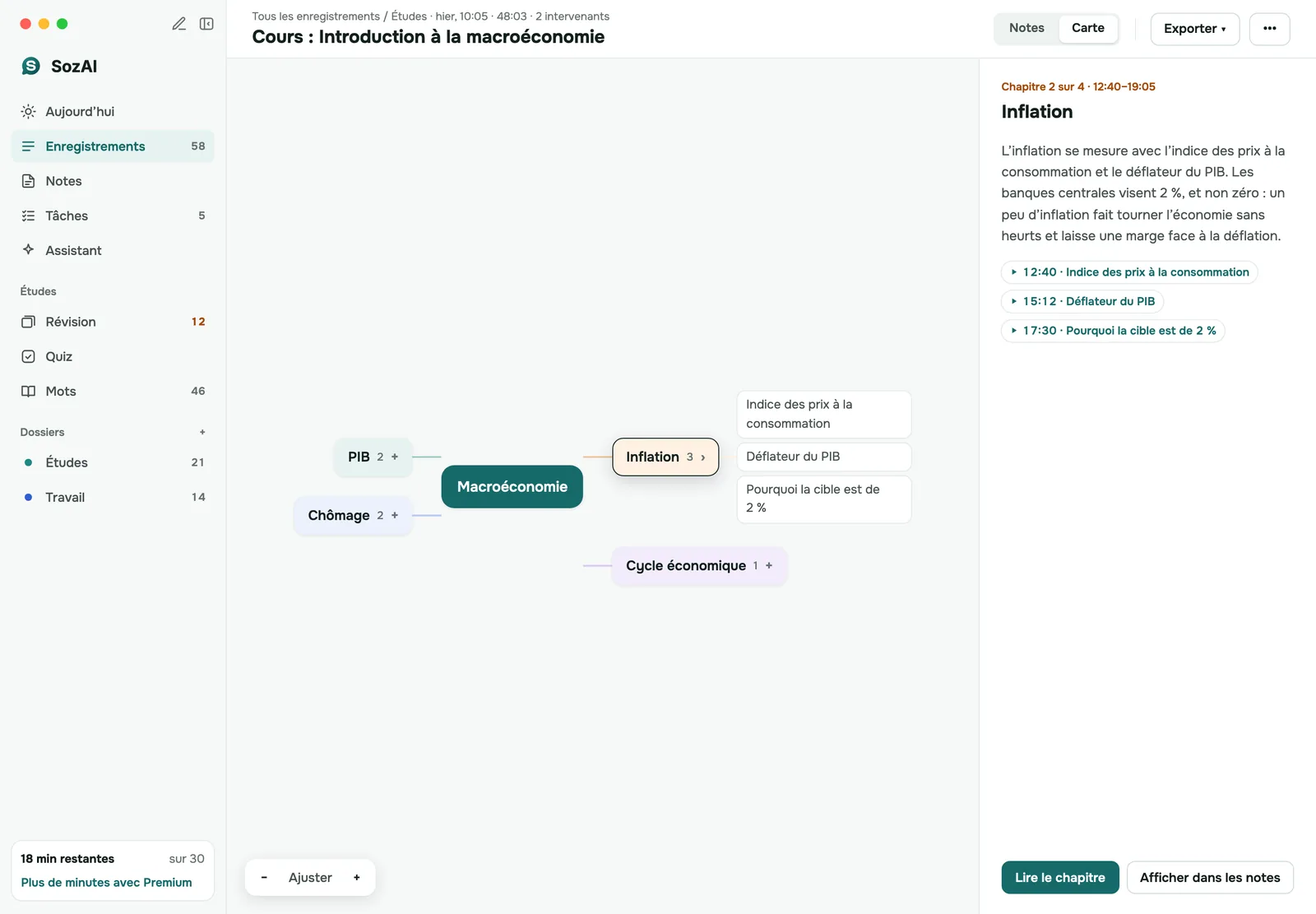 Carte mentale d'un cours de macroéconomie sur Mac, un chapitre sélectionné avec son résumé et ses horodatages à côté