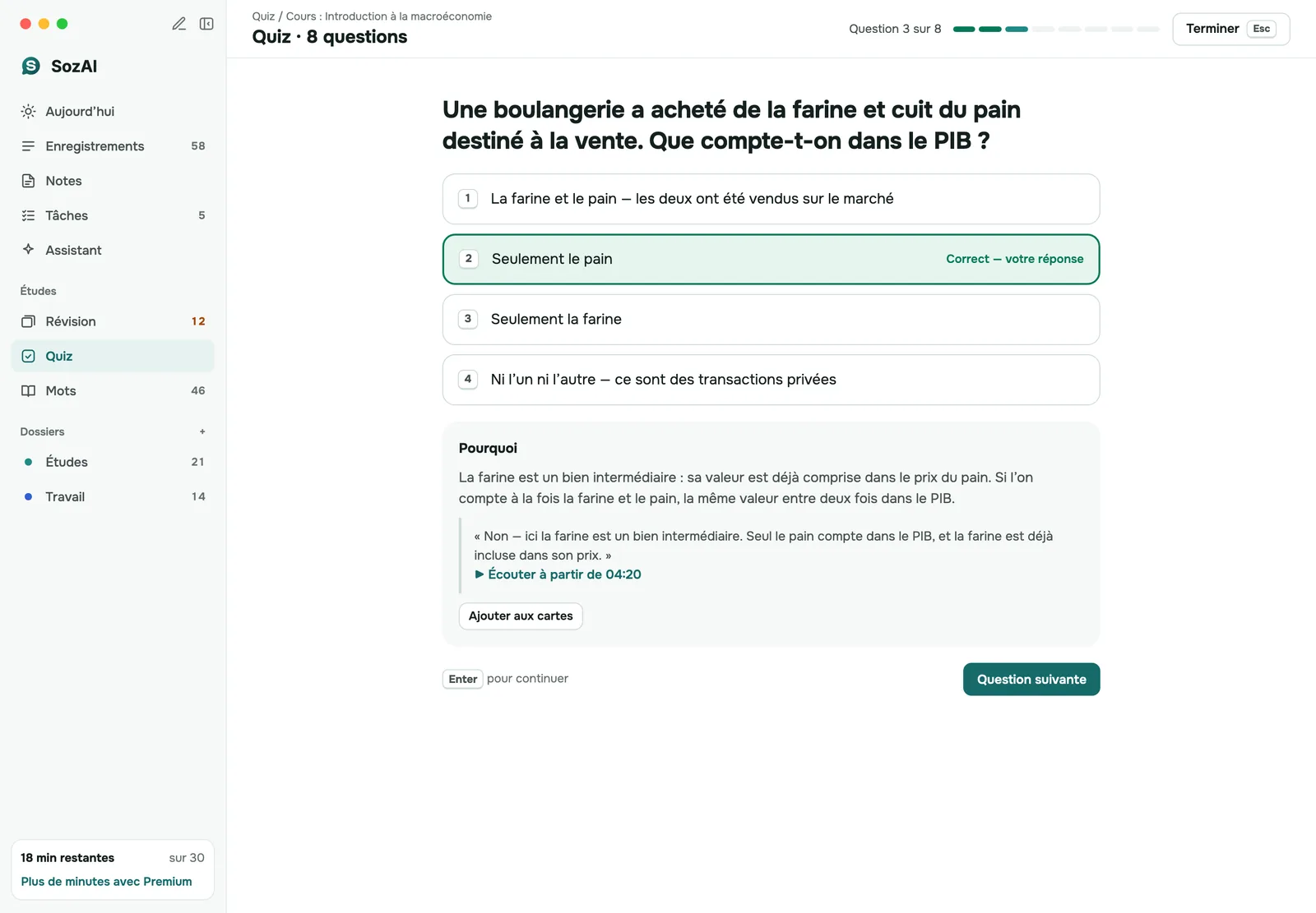Quiz SozAI sur Mac : une question sur un cours avec la réponse choisie et son explication