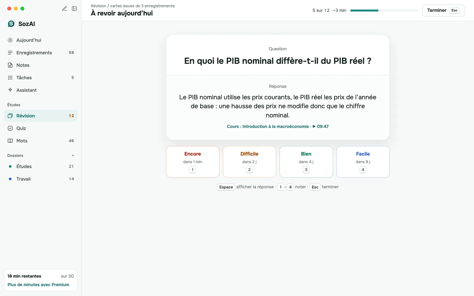 Révision d'une carte mémoire : la réponse affichée avec un lien vers le moment du cours et les boutons Again, Hard, Good, Easy